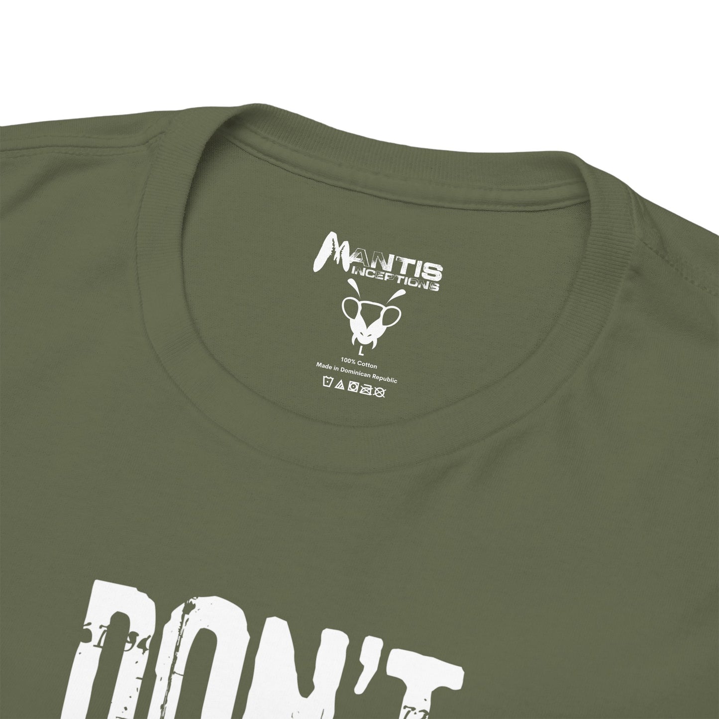 military green shirt ridiculing fake macho rage with tiny soft plea