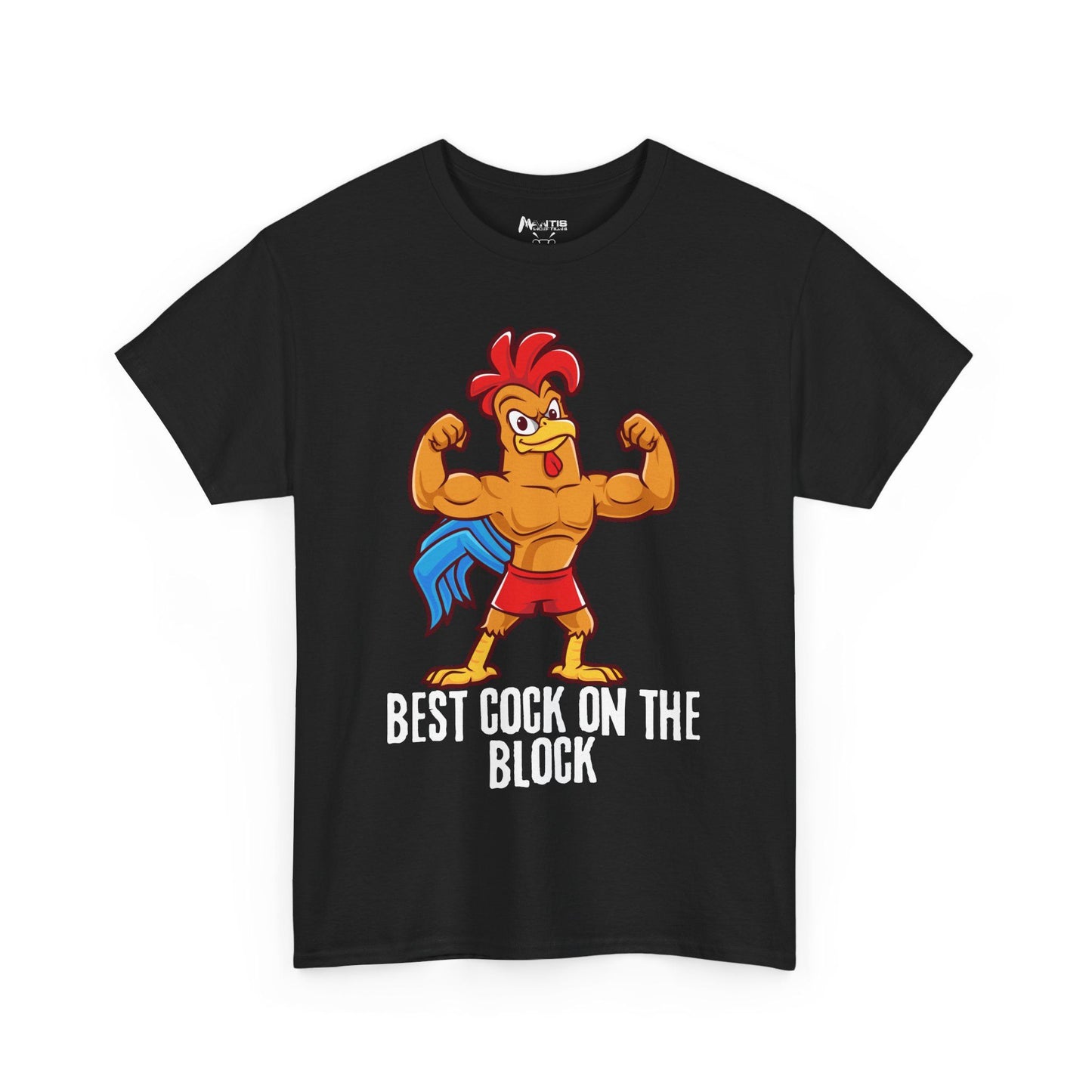 Black t-shirt with rooster graphic symbolizing male ego