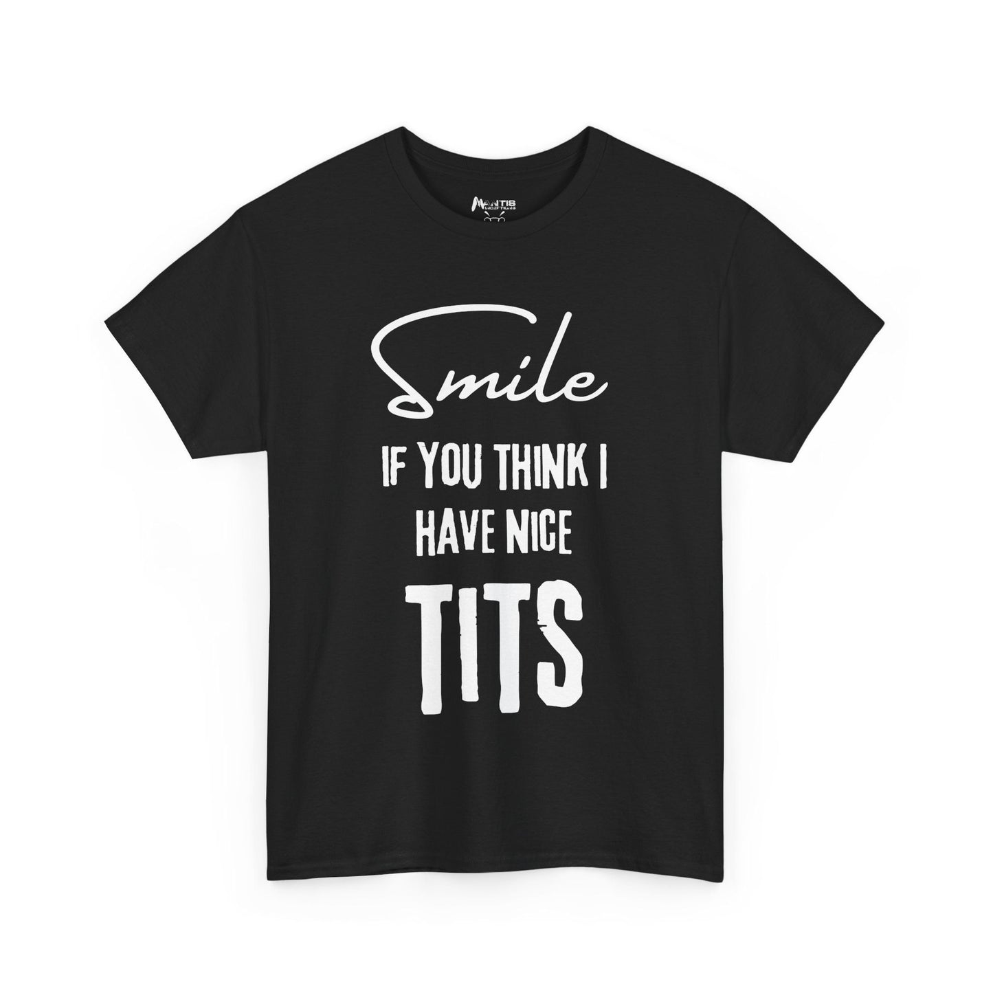 black shirt flaunting a bold boobie message with cheeky confidence