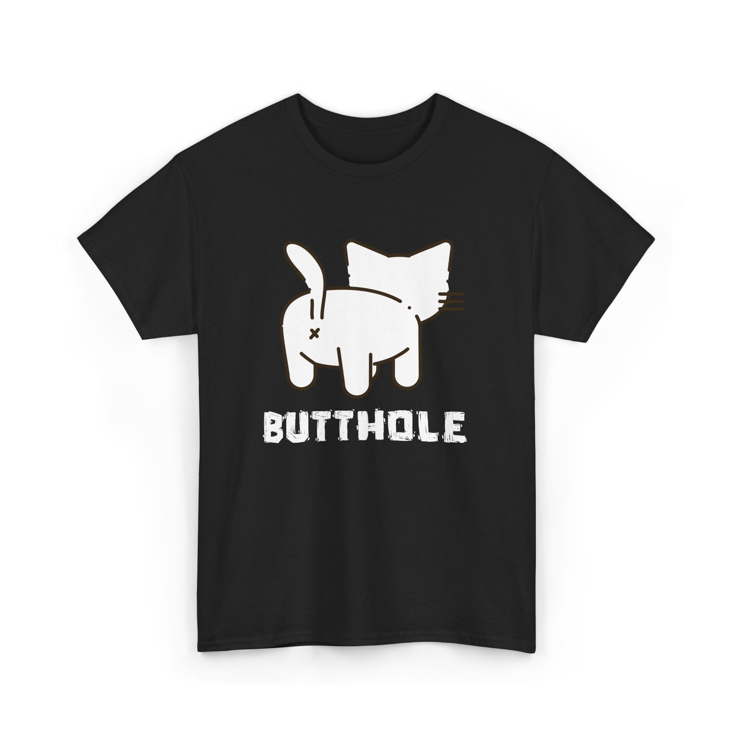 Black t-shirt with offensive cat butthole cartoon on front