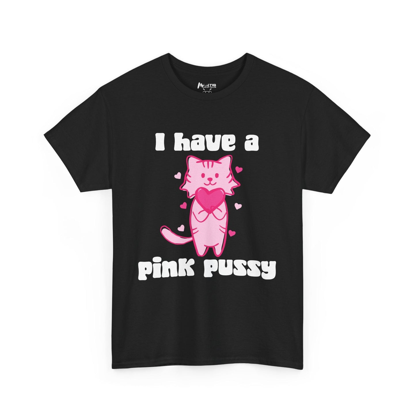 Black t-shirt with pink pussy cat graphic and NSFA undertones