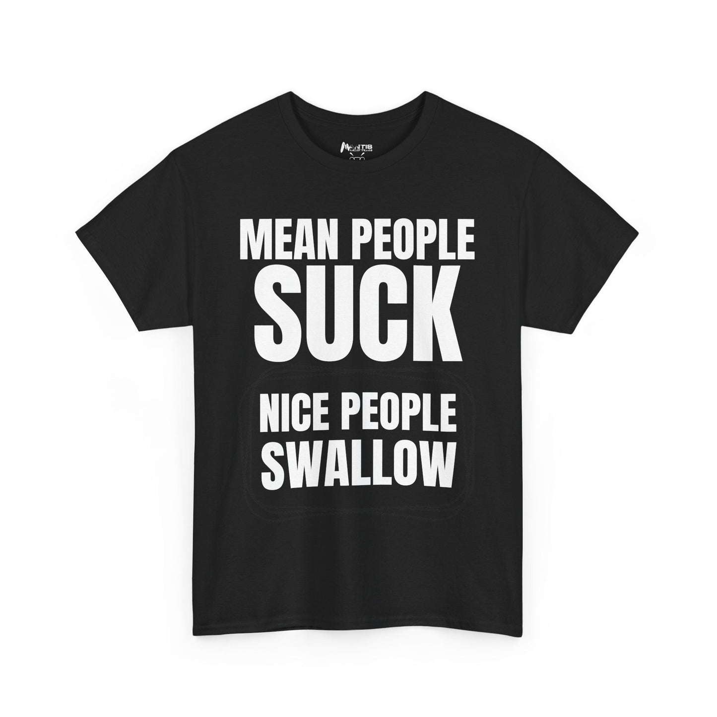 Black t-shirt with dirty wordplay mixing insult and innuendo