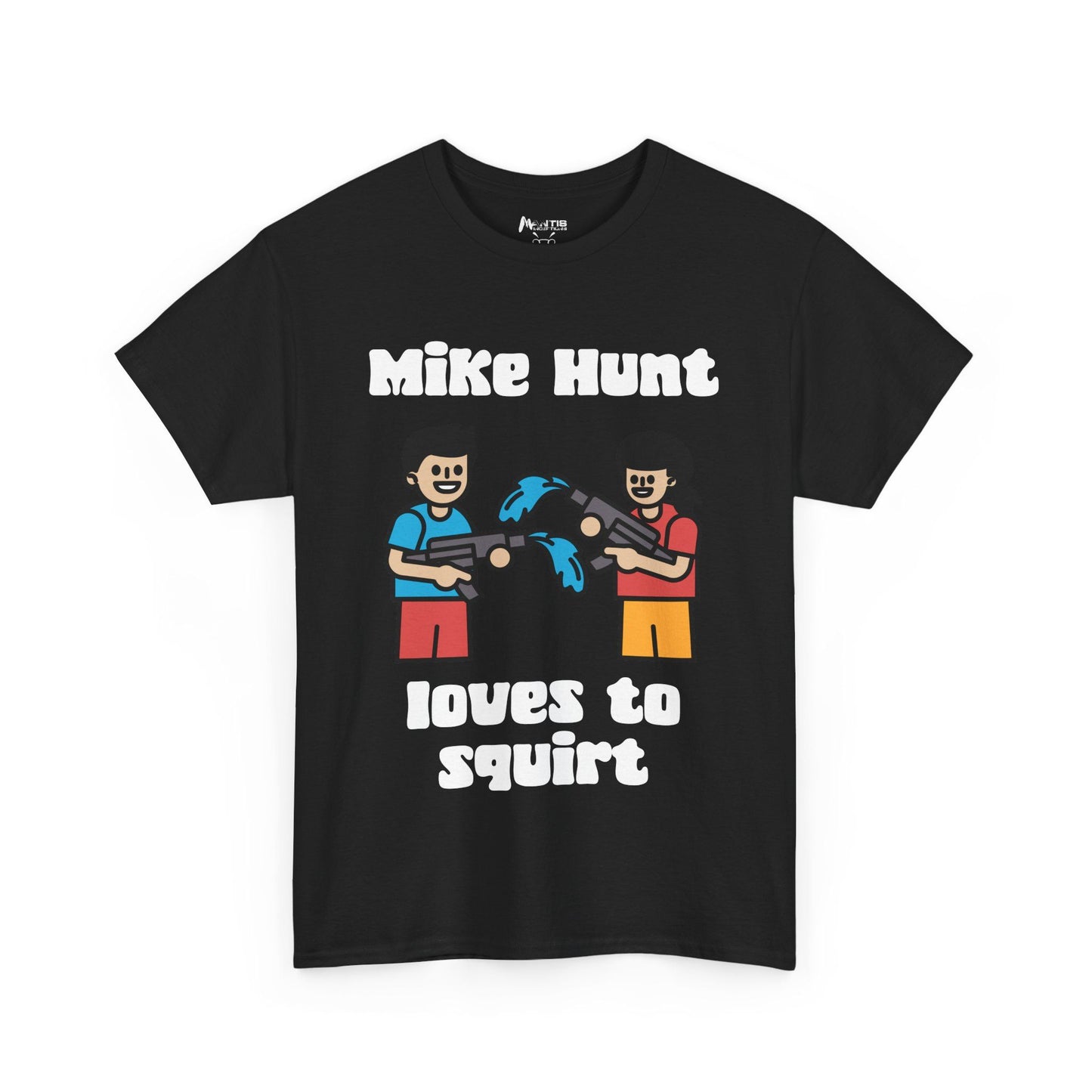 Black t-shirt showing playful water fight with Mike Hunt's filthy twist