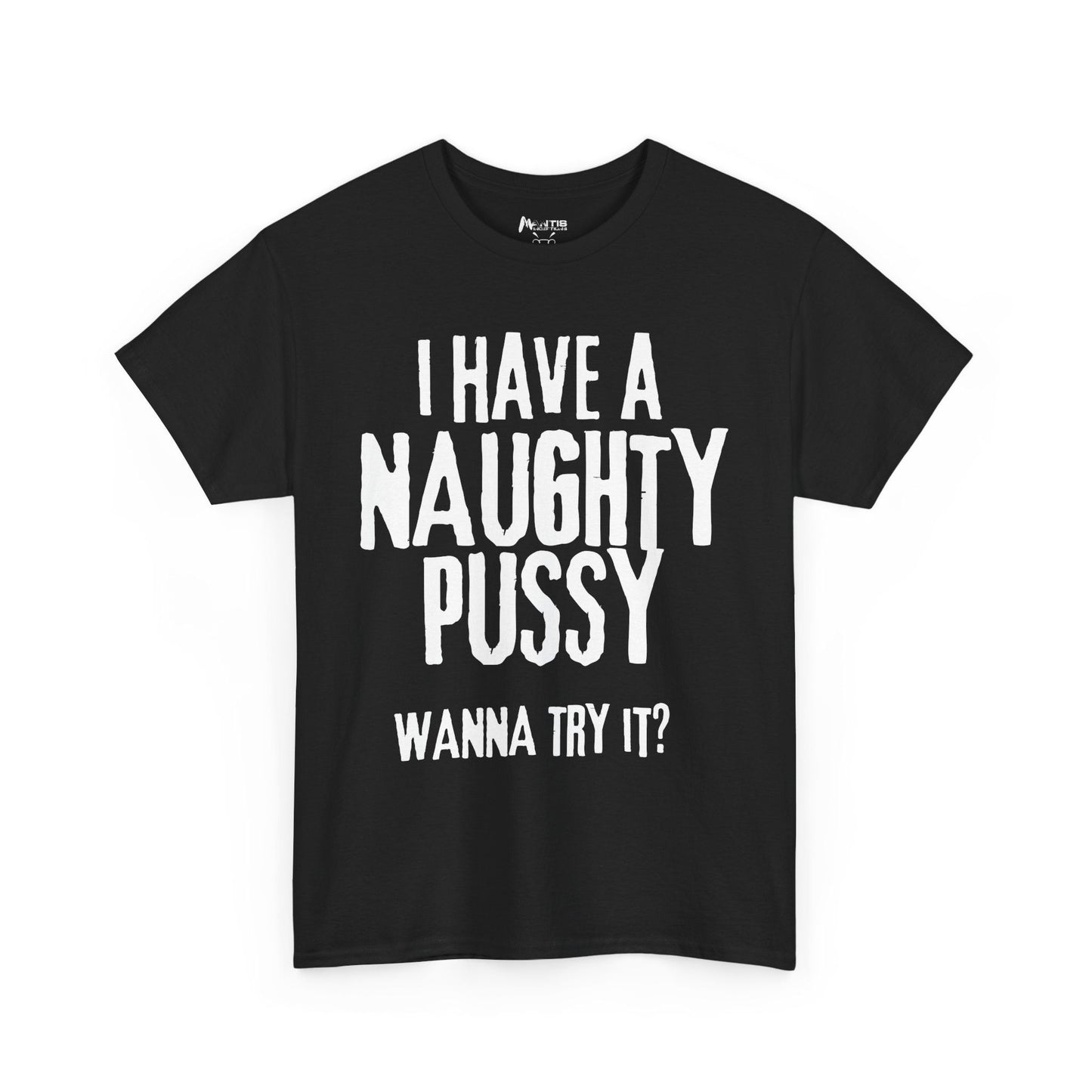 Black t-shirt with bold sexual invitation in filthy humor style