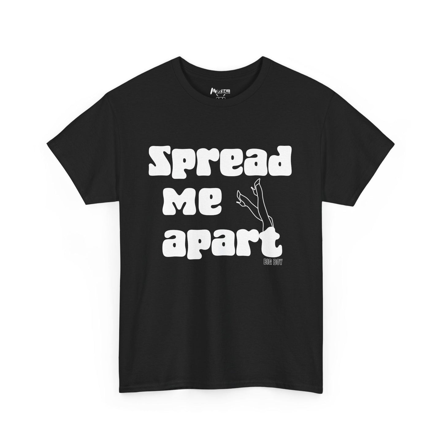 Black t-shirt with raunchy invitation and bold female leg graphic