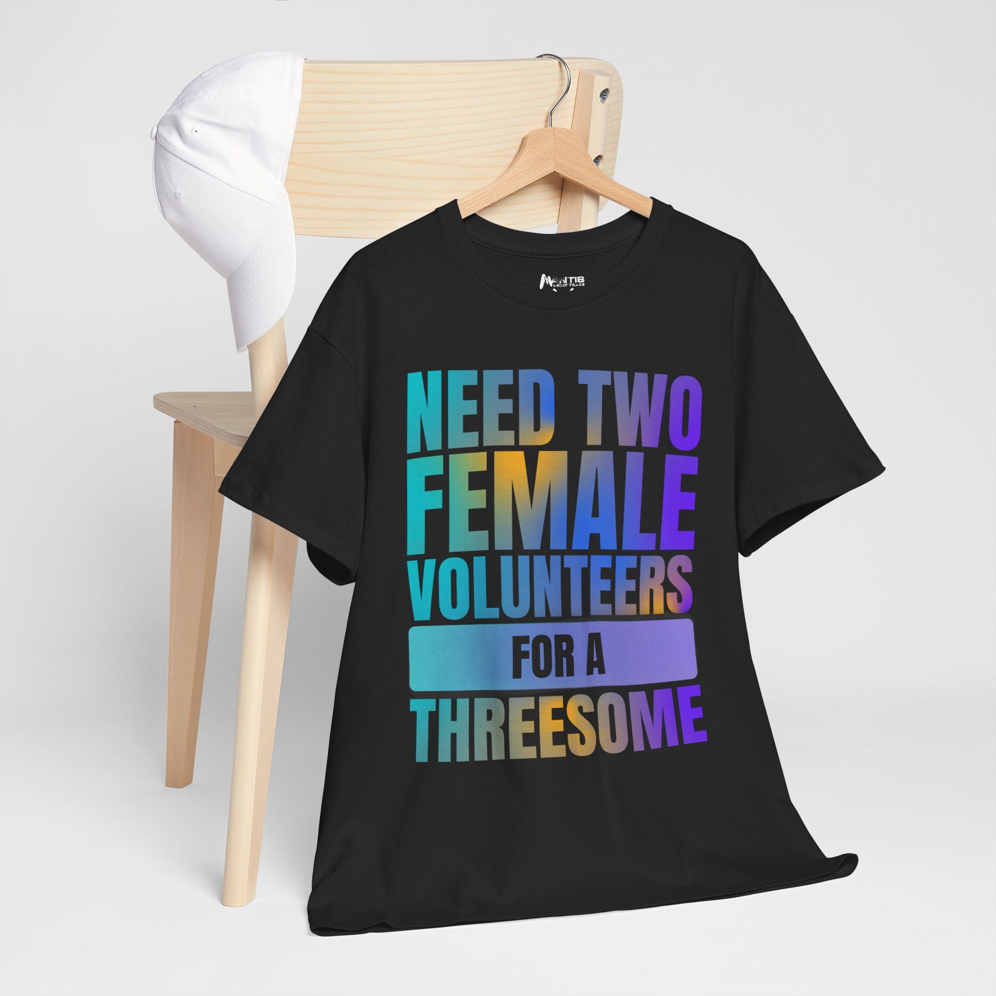 Black NSFA shirt asking for three female volunteers, bold and offensive humor