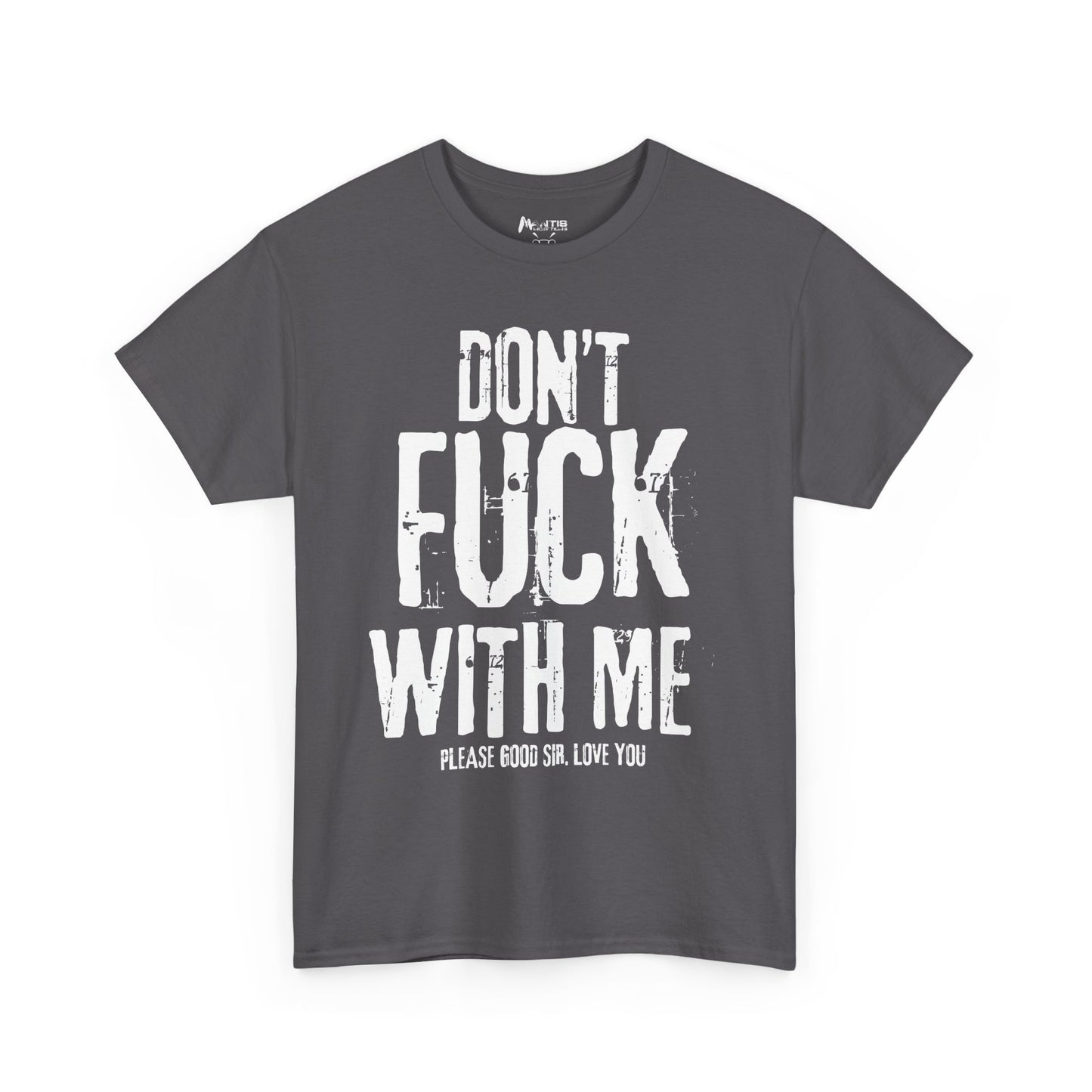 charcoal tee with big threat and tiny apology layered in design