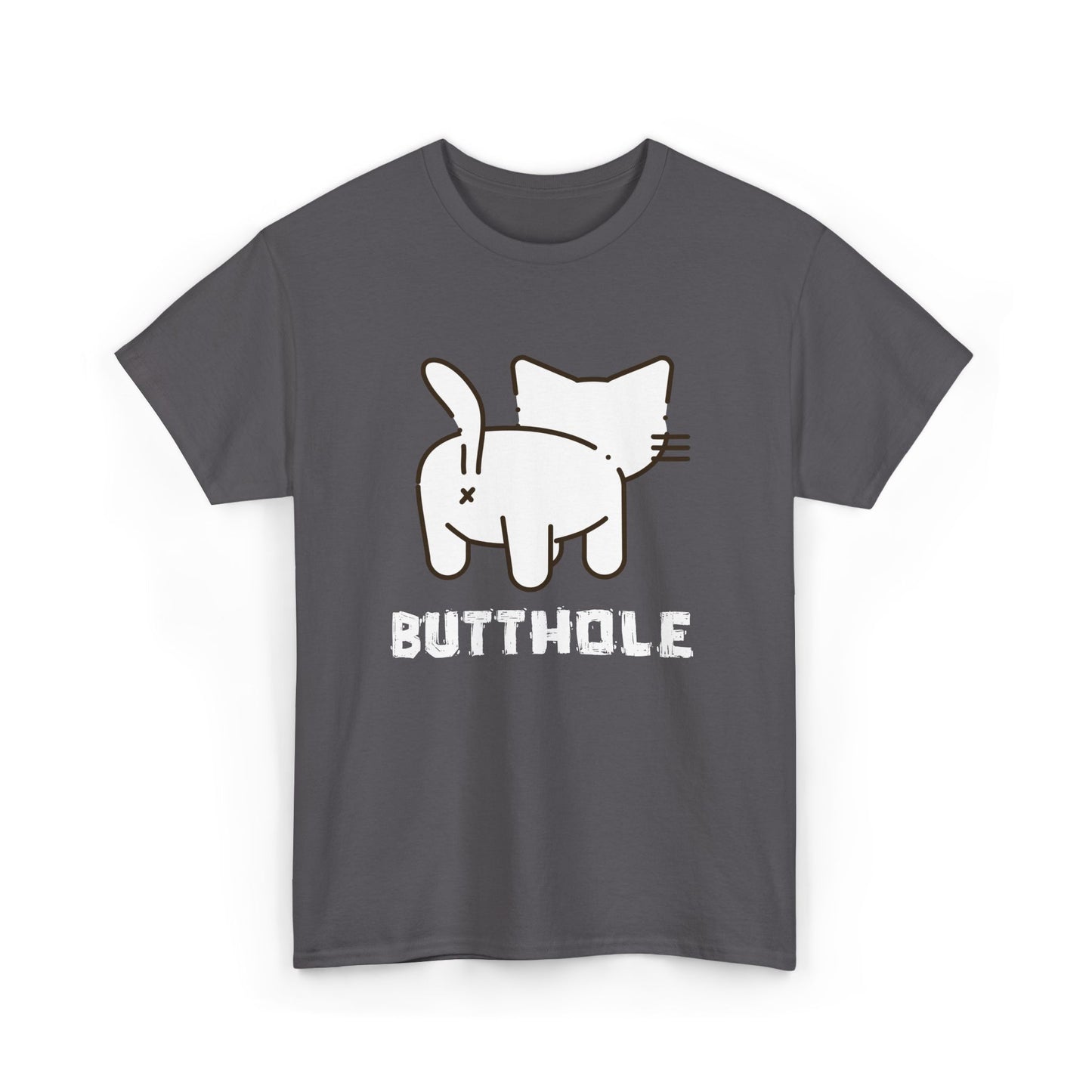 Charcoal inappropriate t-shirt with cat backside graphic