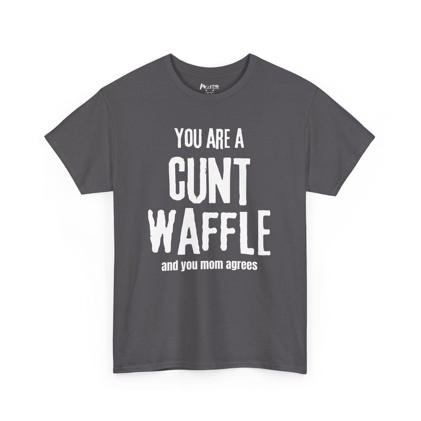 Charcoal shirt delivering a double insult backed by a fake reference