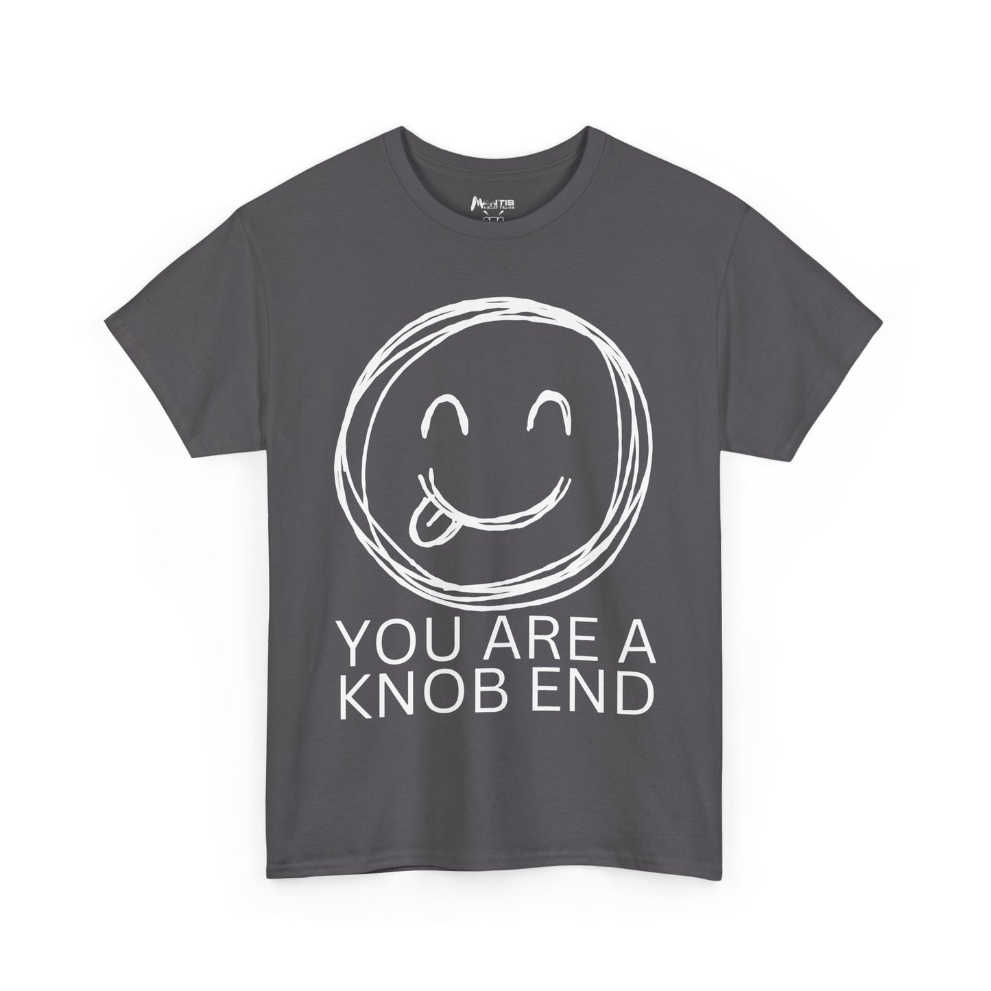 charcoal tee roasting someone as a 'knob end' with a tongue-out emoji