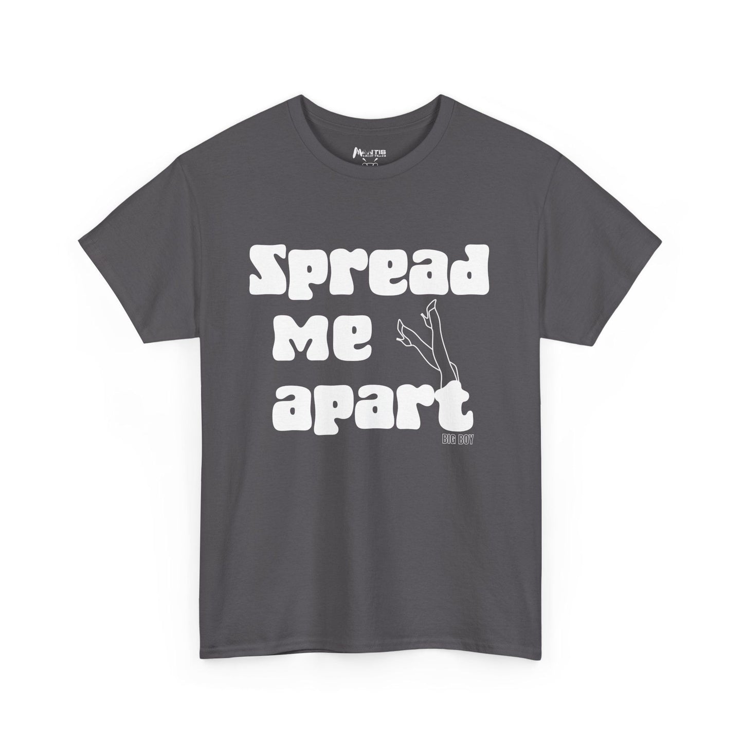 Charcoal shirt screaming explicit invitation with leg art