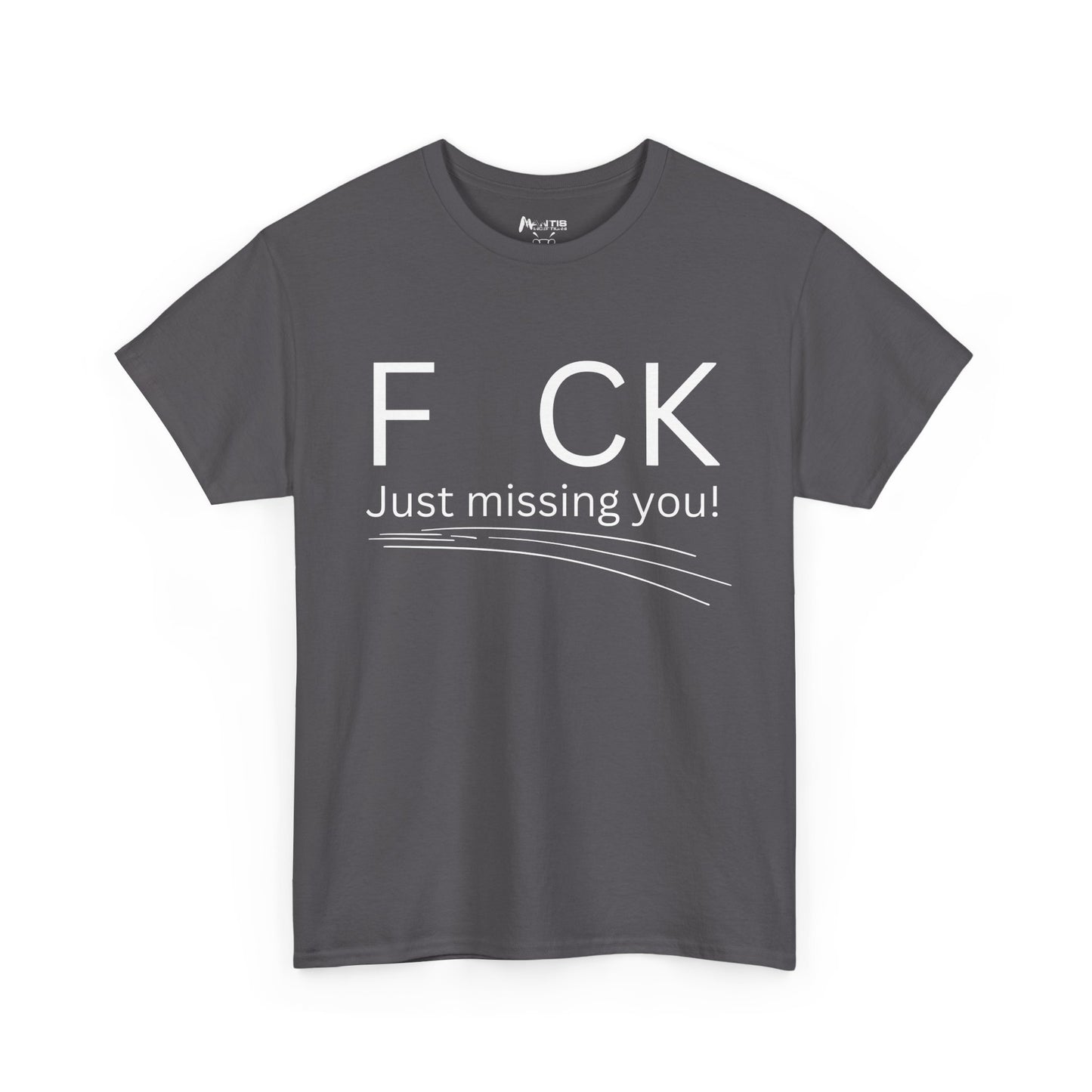 charcoal tee with dirty-minded F CK joke and soft romantic undertone