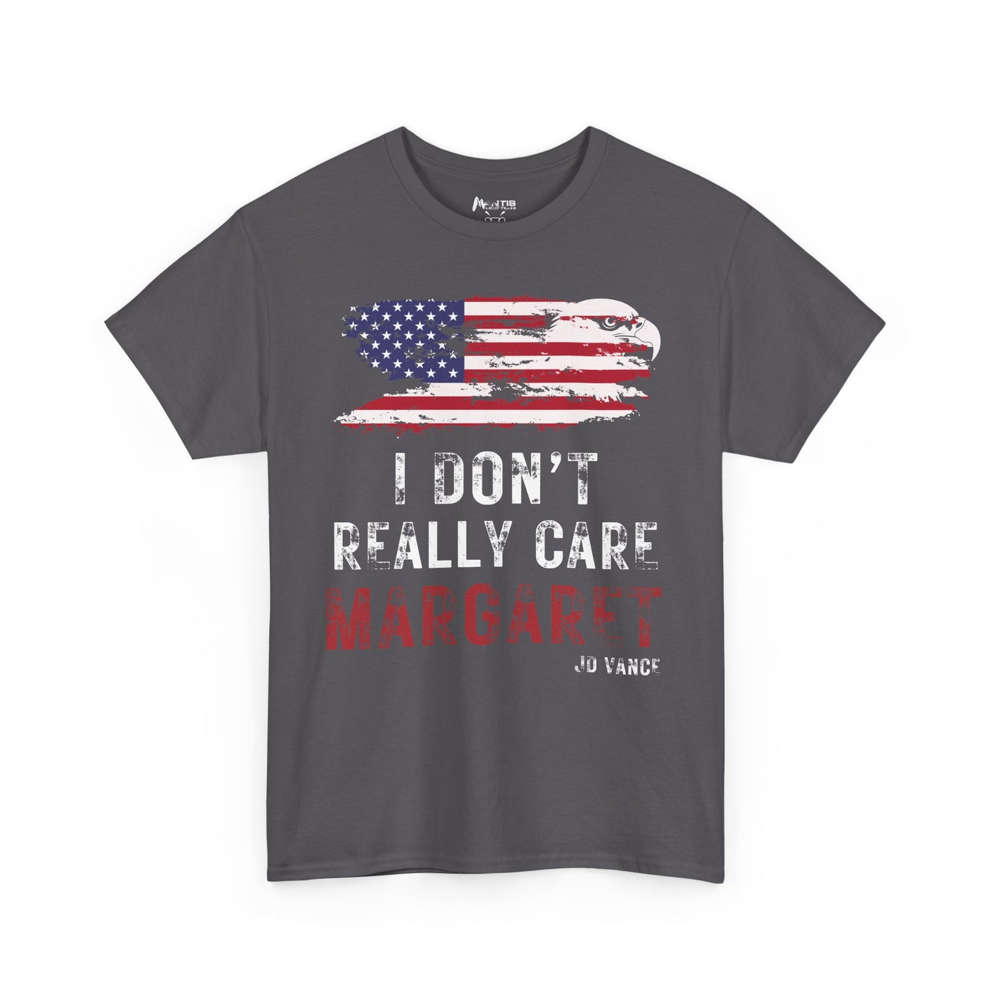 charcoal usa eagle flag shirt with jd vance quote i don’t really care margaret, mocking political tee