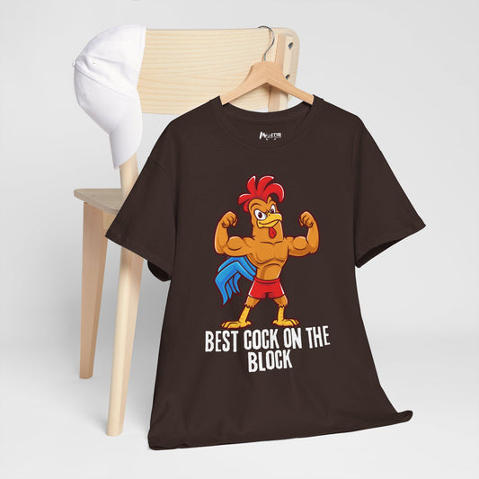 Dark chocolate tee with cheeky farmyard humor