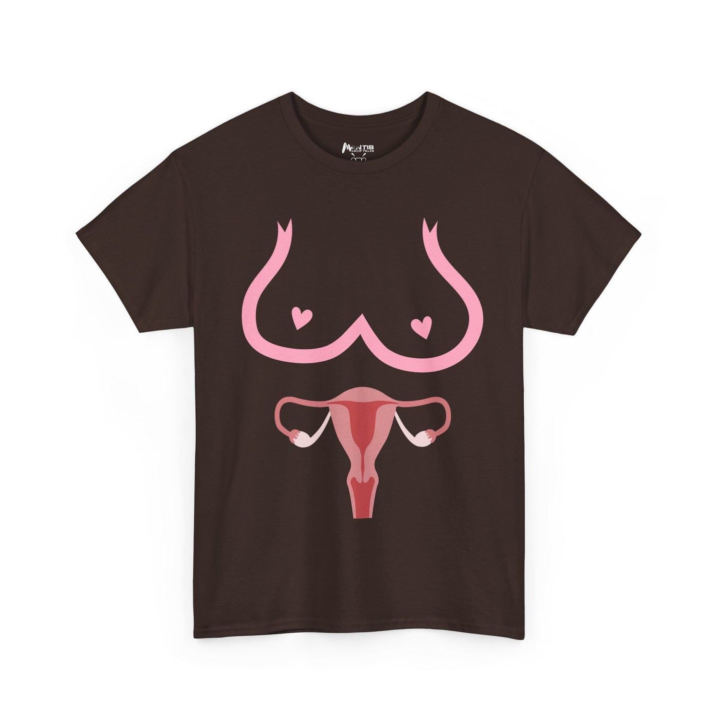 Dark chocolate tee featuring front-facing anatomy with no shame