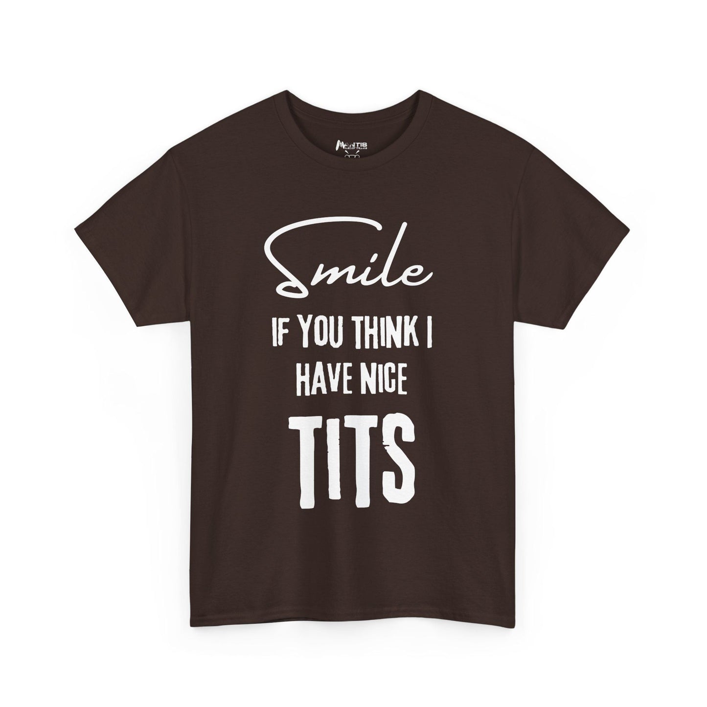 dark chocolate shirt with busty energy and sarcastic flirt appeal