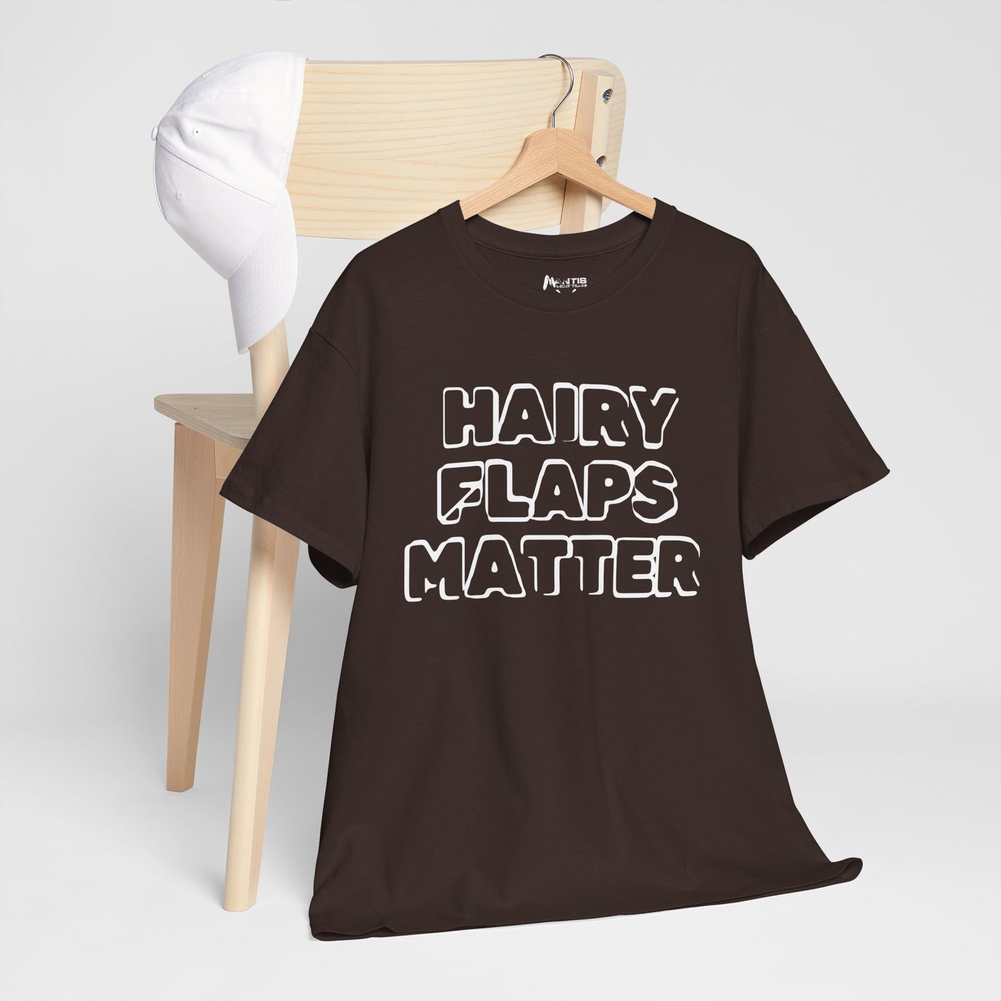 dark chocolate tee declaring support for bushy pride with bold satire