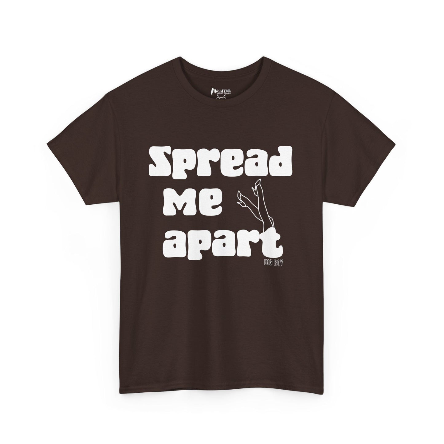 Dark chocolate tee mixing seductive visuals with raw text