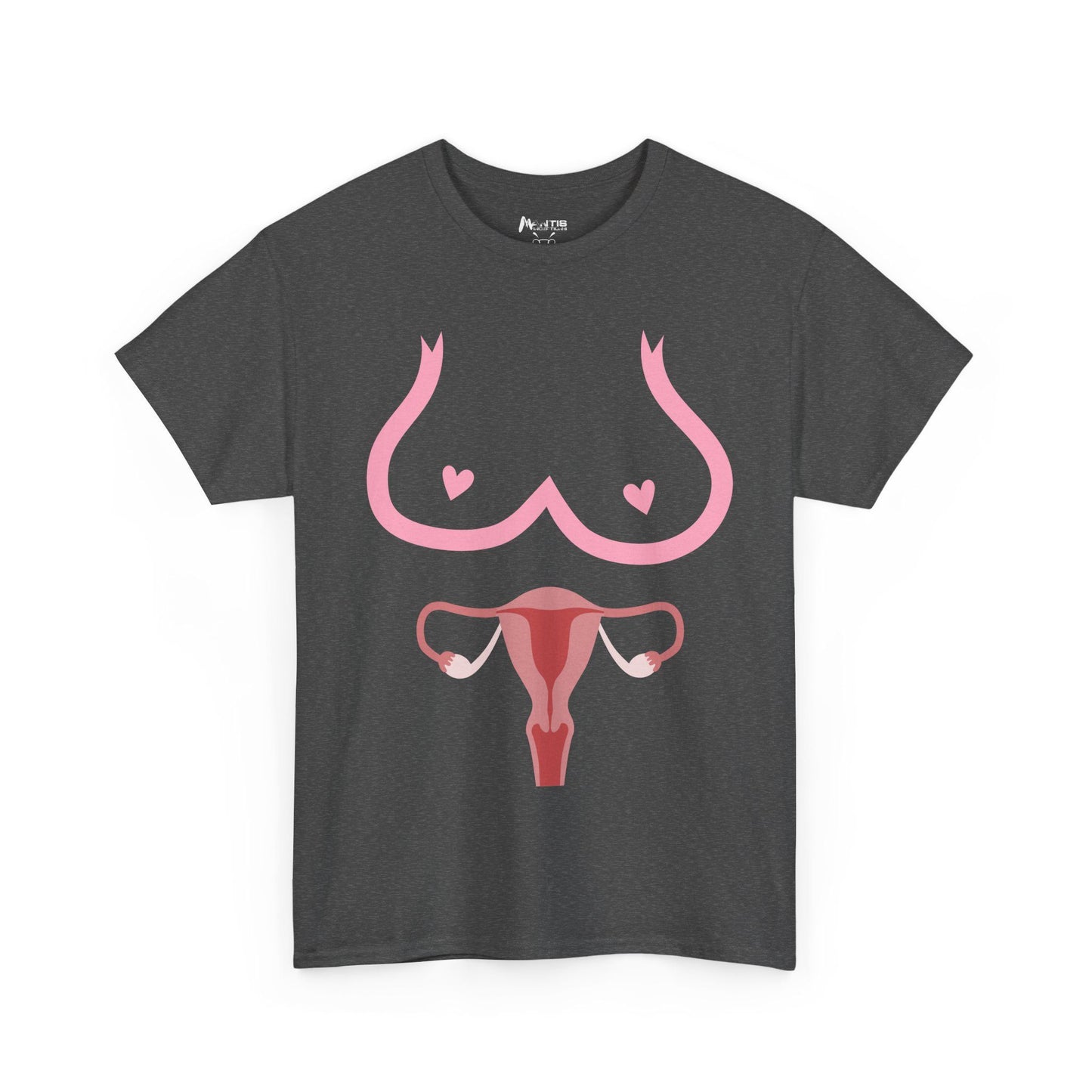 Dark heather tee celebrating raw feminine visuals — boobs, vag, and all