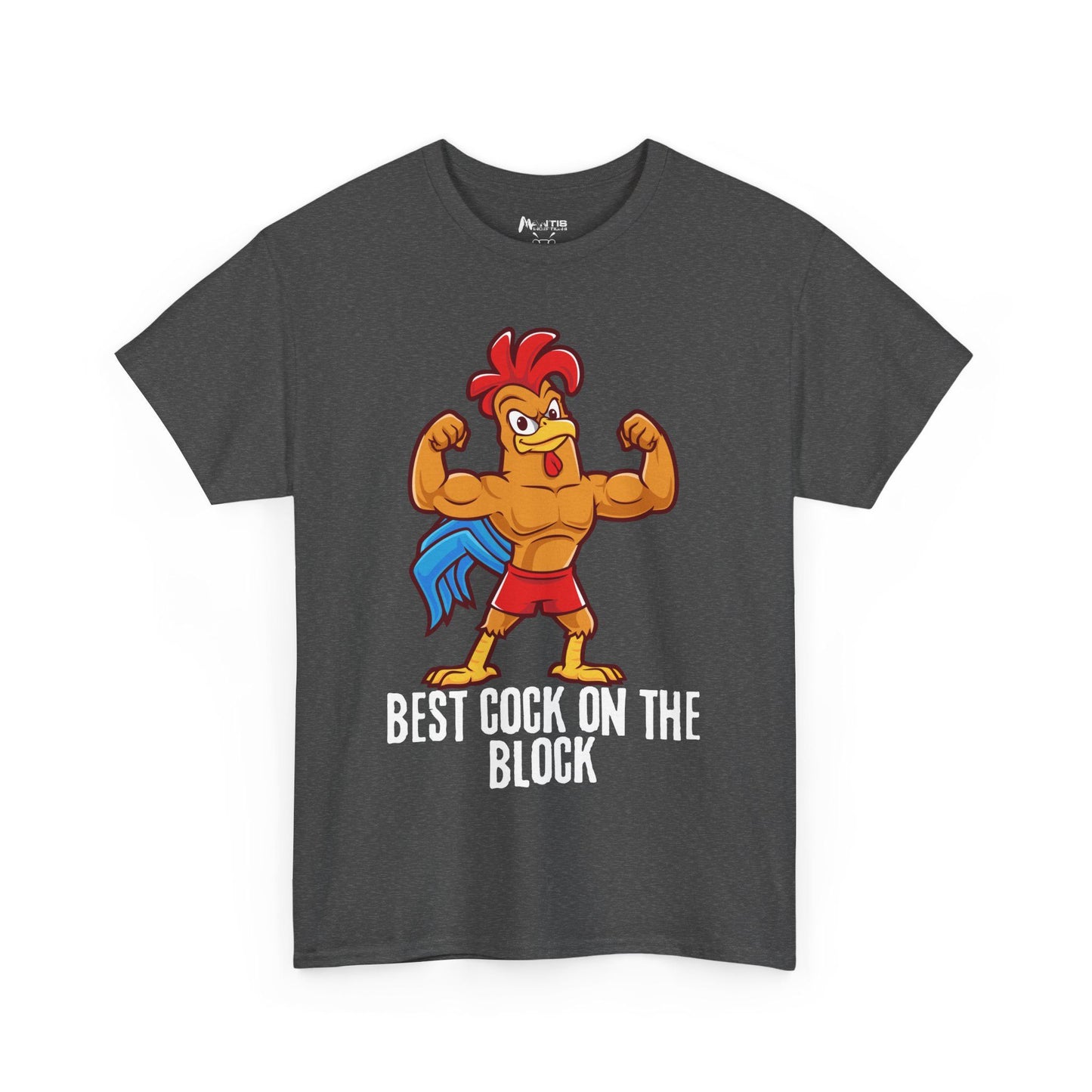 Dark heather shirt mixing rooster pride and filthy innuendo