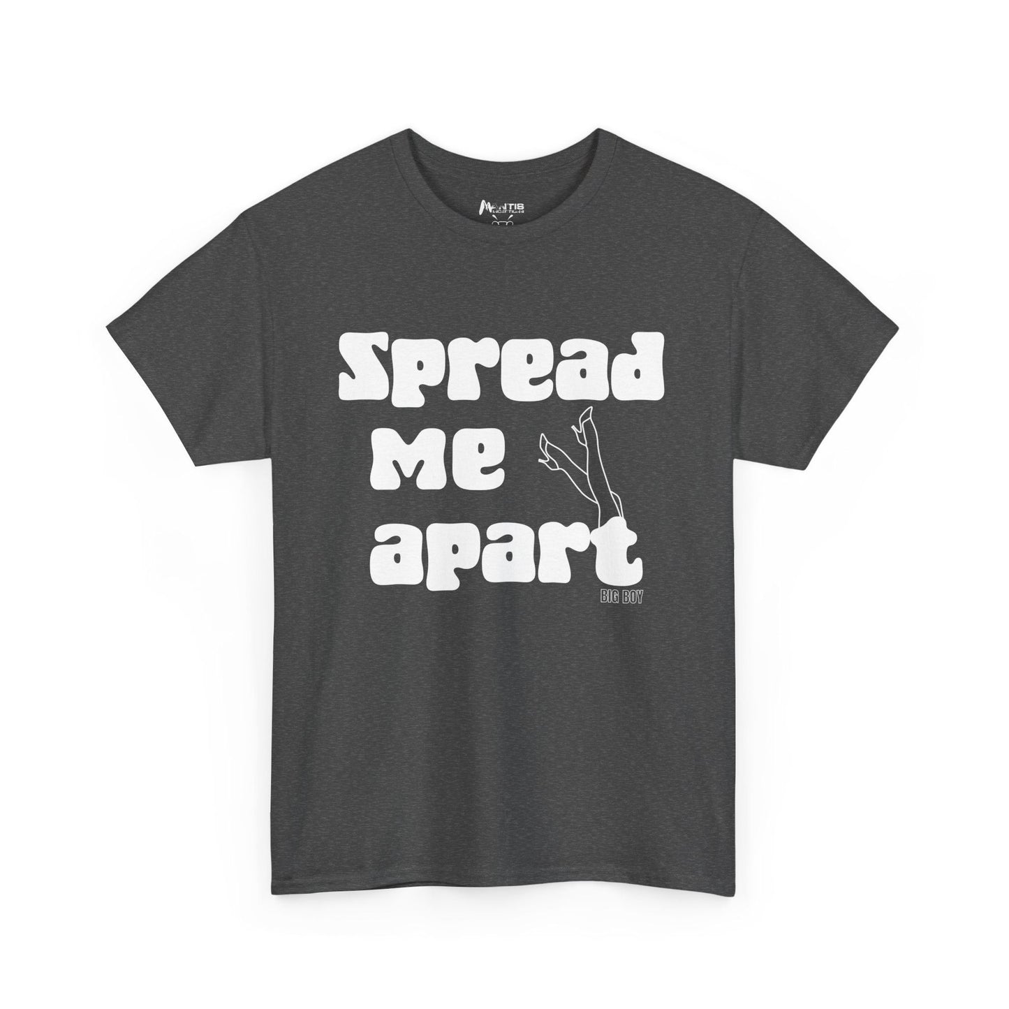 Dark heather shirt with explicit bedroom humor and leg graphic