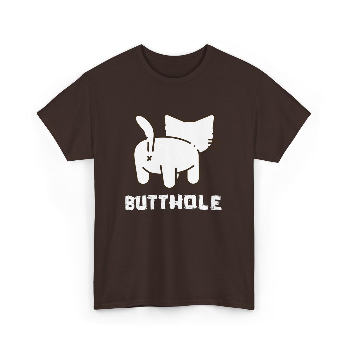 Dark chocolate tee with offensive cat butthole image on back