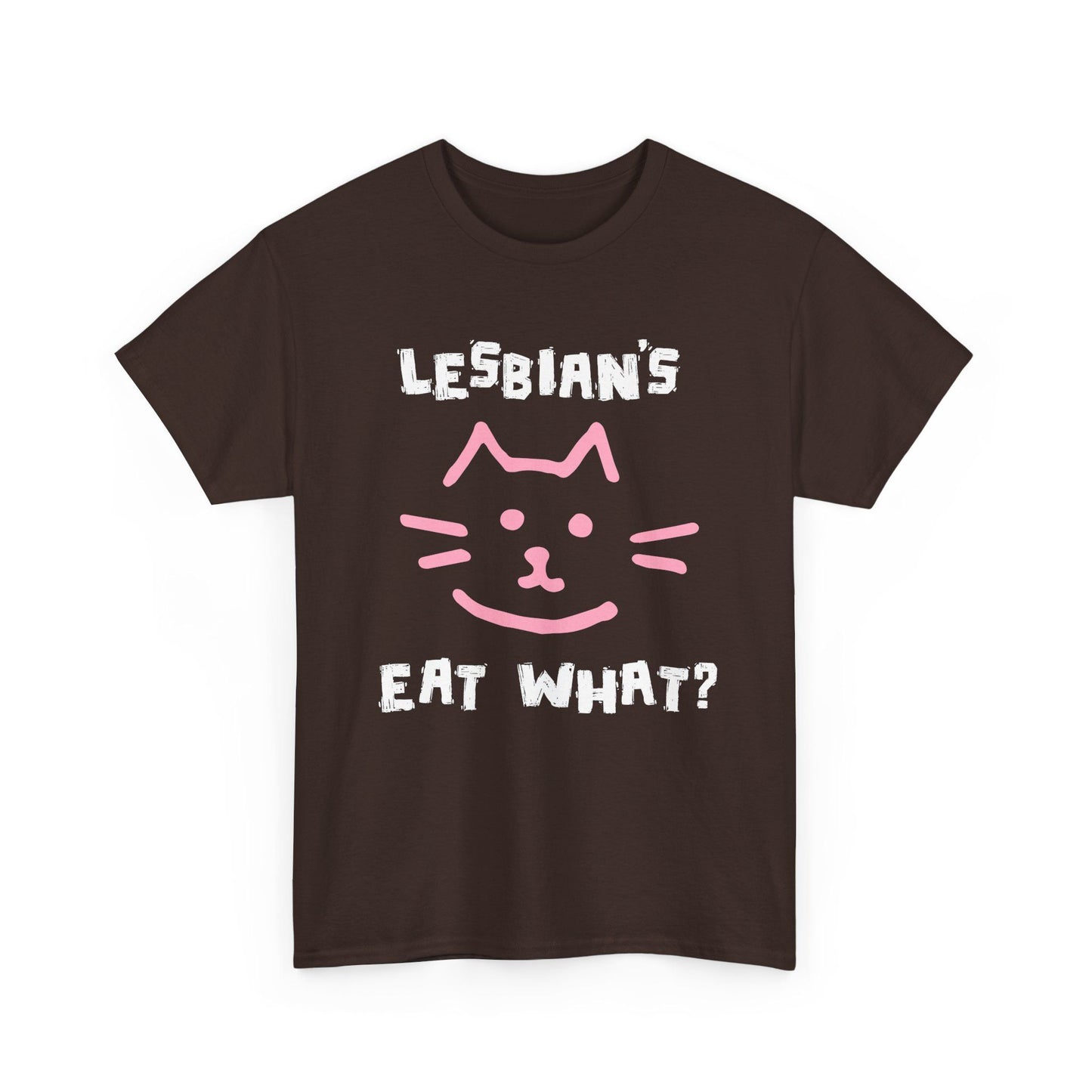 Dark chocolate shirt with cat face and edgy Lesbians Eat What? design