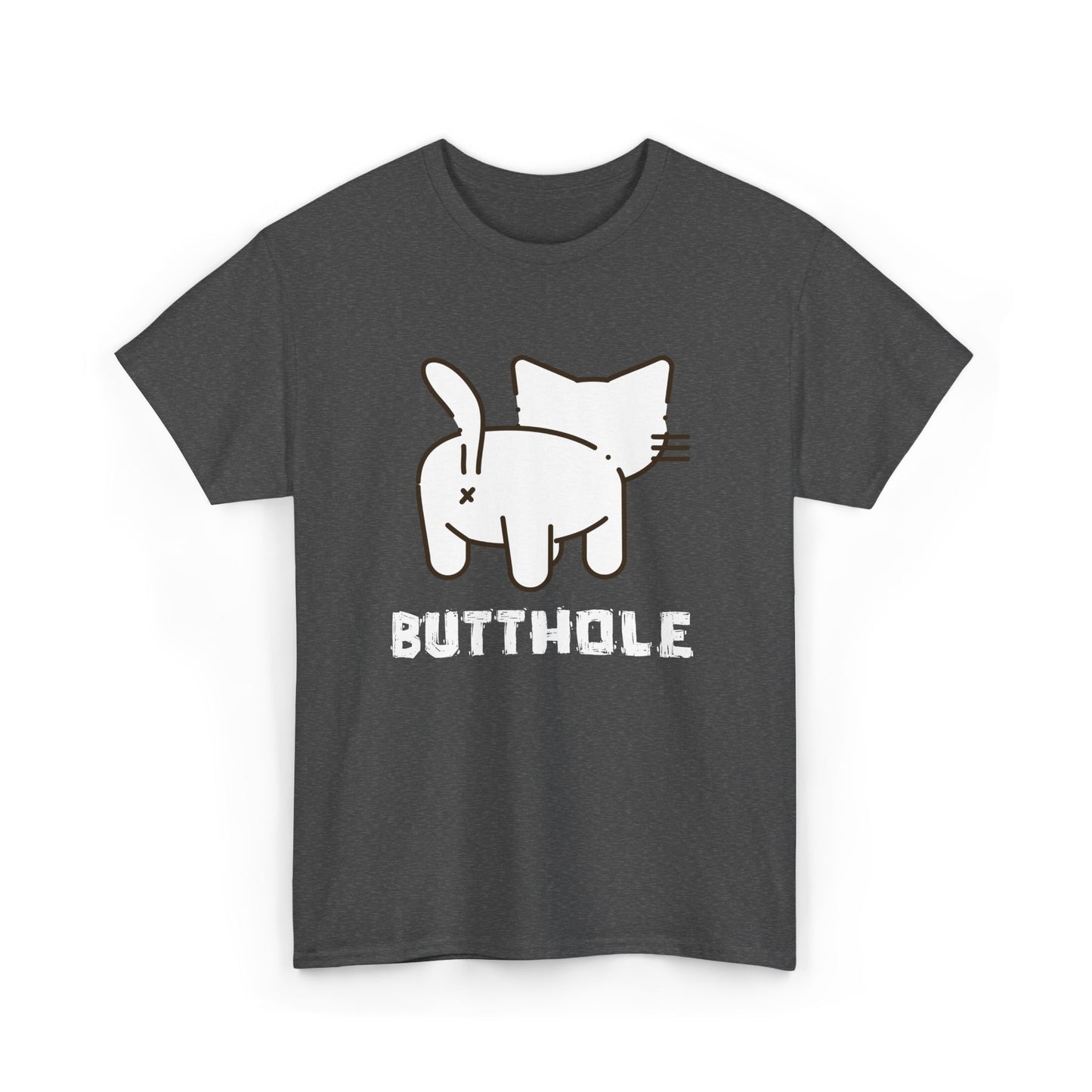 Dark heather t-shirt with cheeky cartoon cat butt graphic