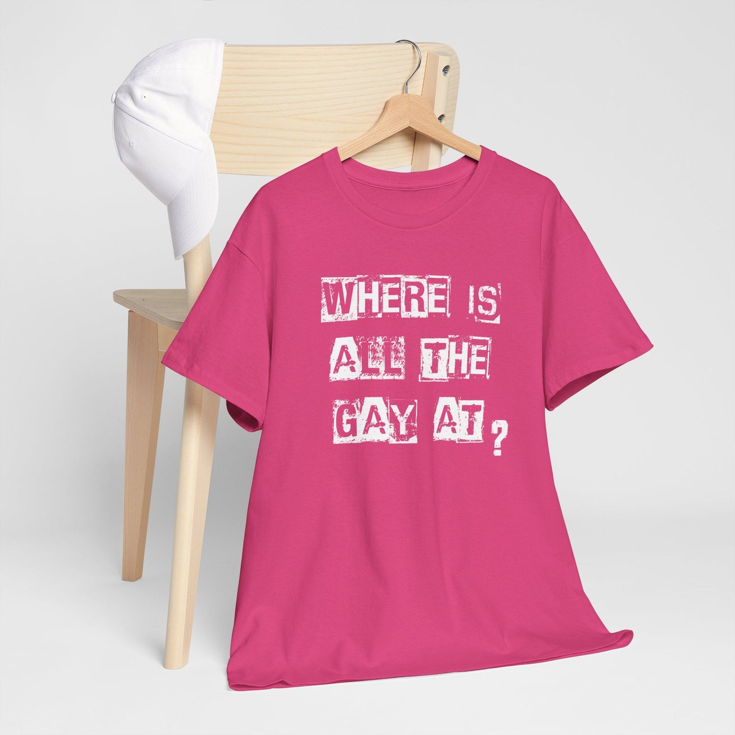 Purple t-shirt with Where Is All the Gay At slogan, edgy and funny