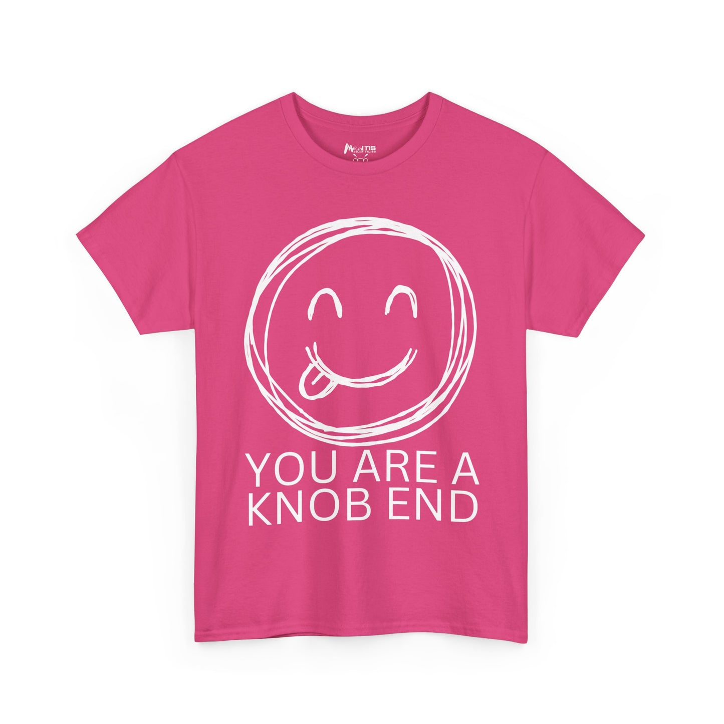 heliconia shirt saying 'you are a knob end' with playful emoji face