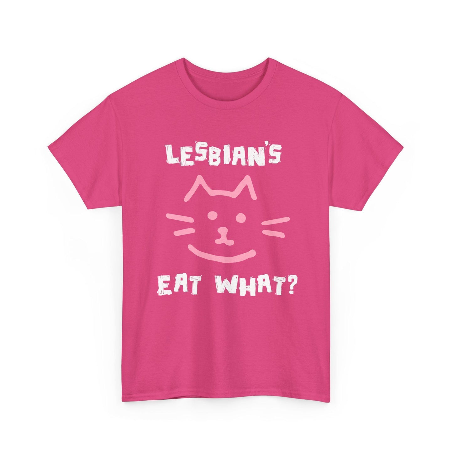 Heliconia t-shirt with funny cat face and Lesbians Eat What? slogan, bold and cheeky