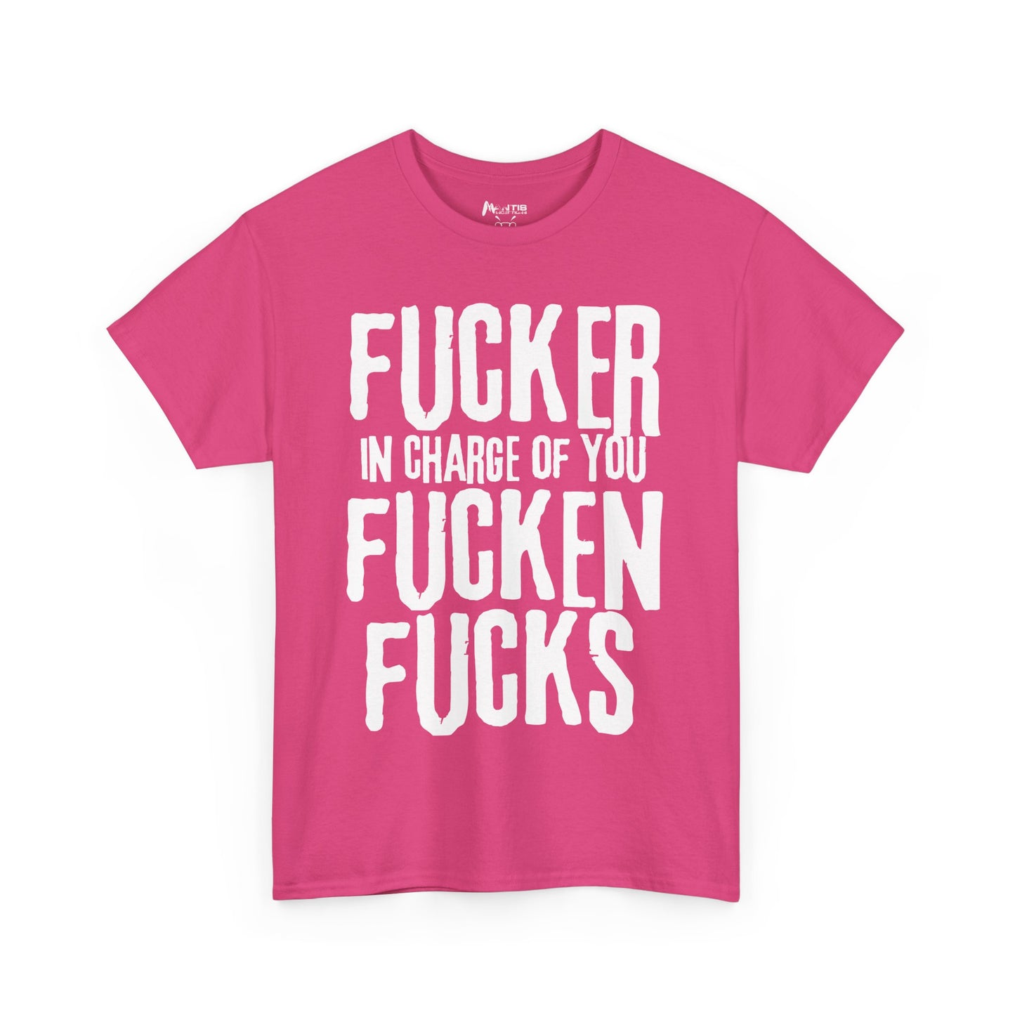 heliconia tee with “fucker in charge” statement - bold and bright