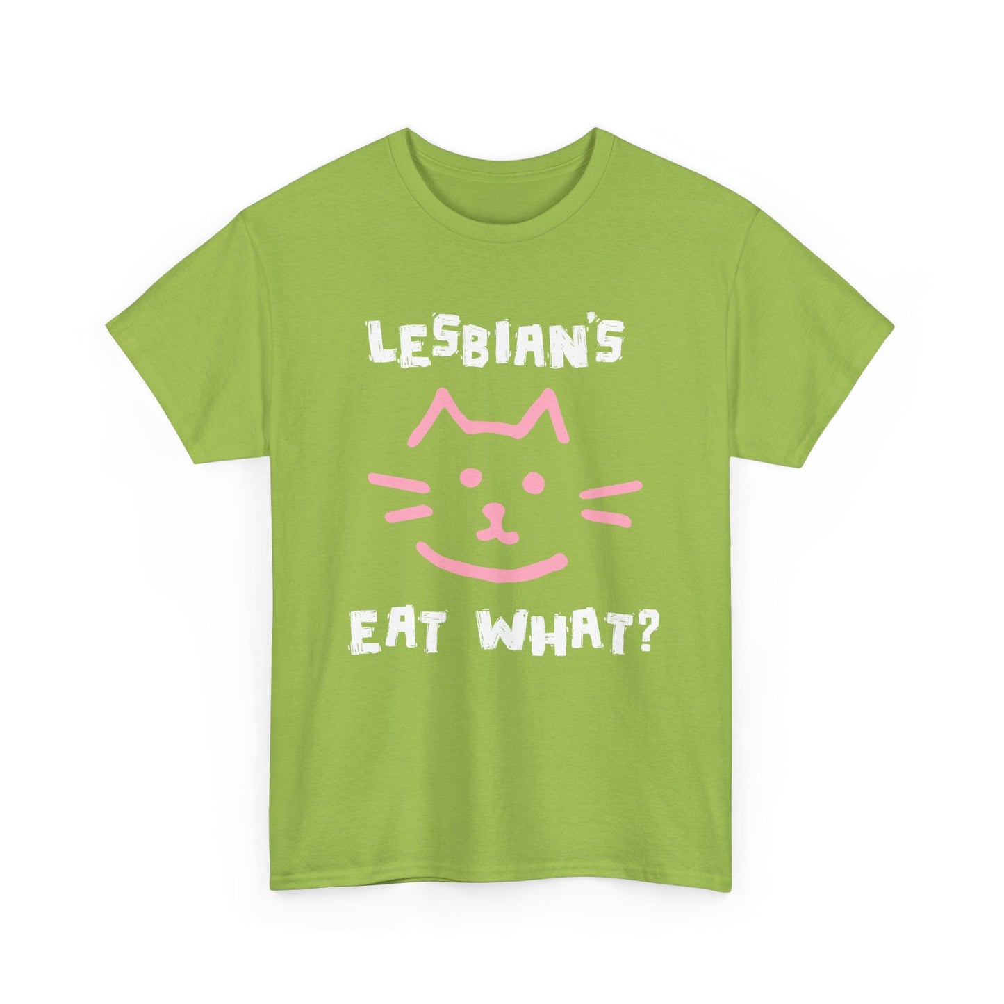 Kiwi green t-shirt with cat’s face and Lesbians Eat What? slogan, funny and bold