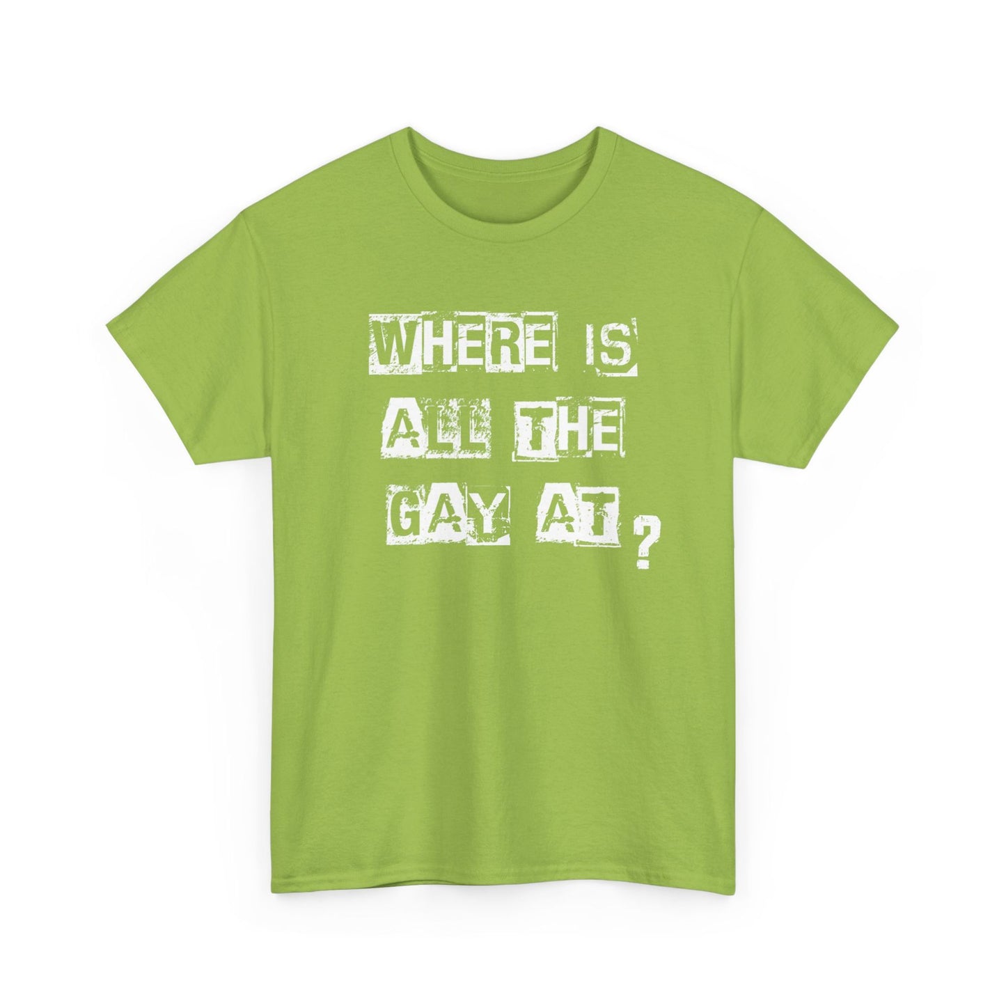 Kiwi green tee with sarcastic Where Is All the Gay At design