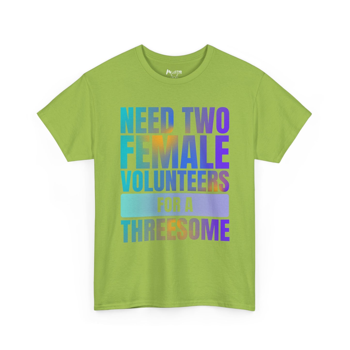 Kiwi green shirt with provocative threesome request, shocking adult humor