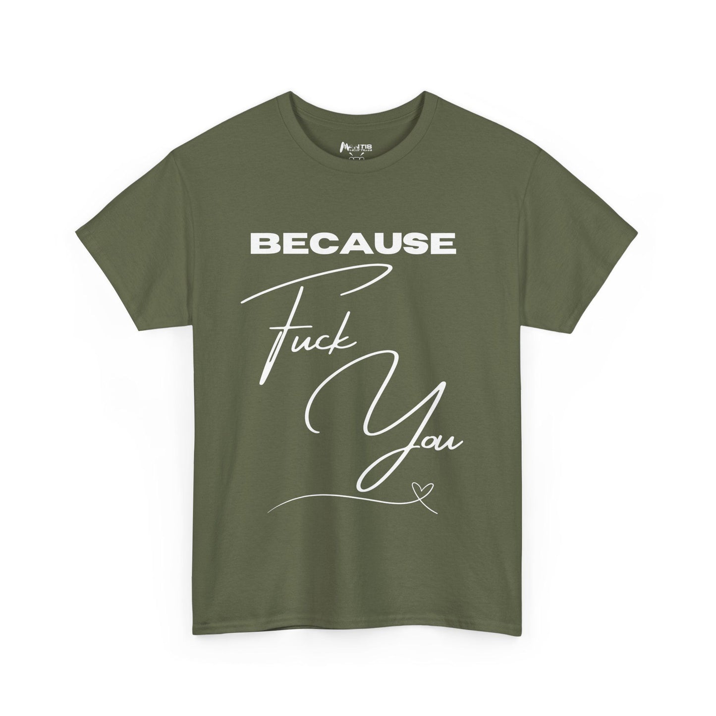 Military green tee making attitude look like love