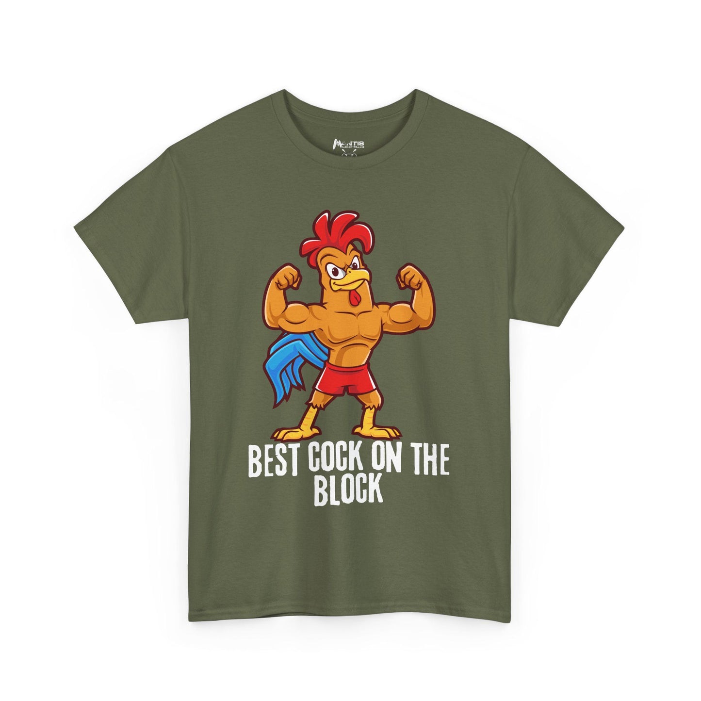 Military green tee boasting cheeky rooster pride