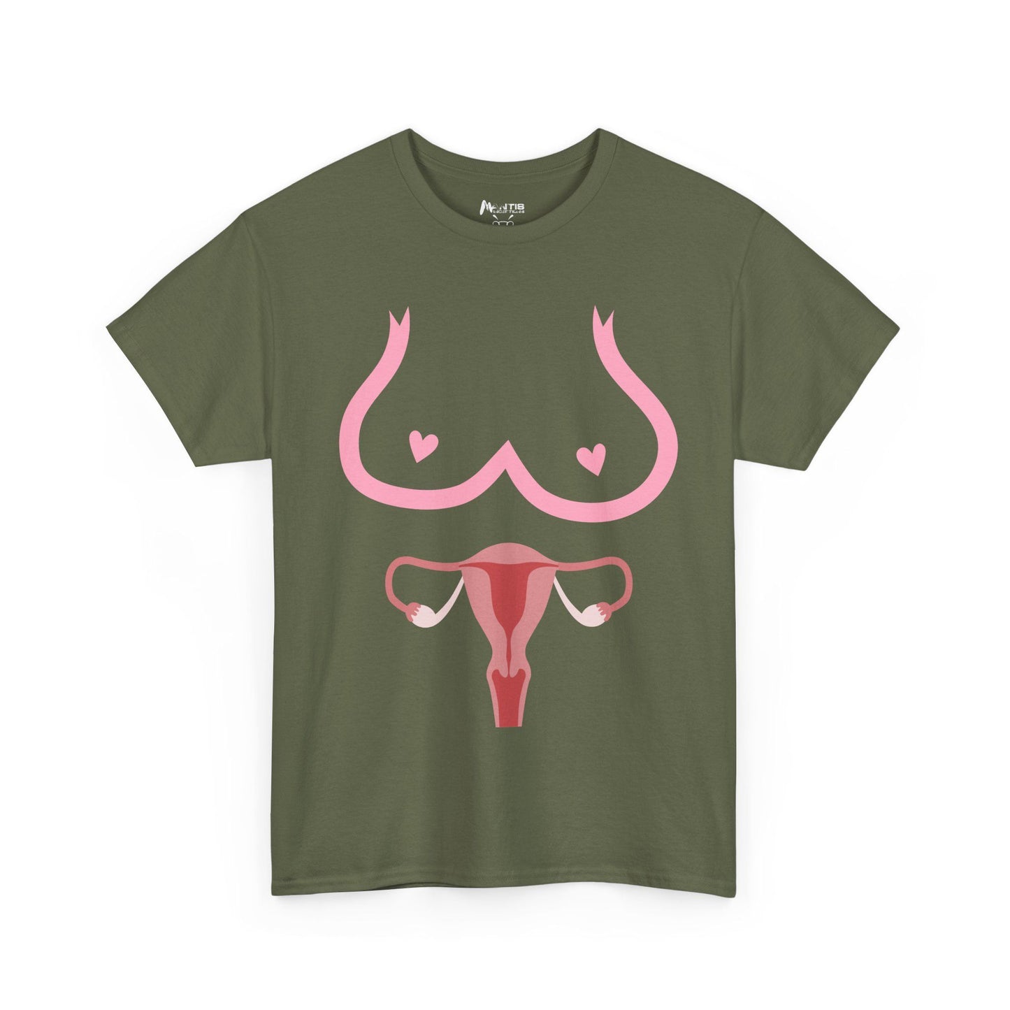 Military green shirt showing female form as it is — loud, soft, graphic