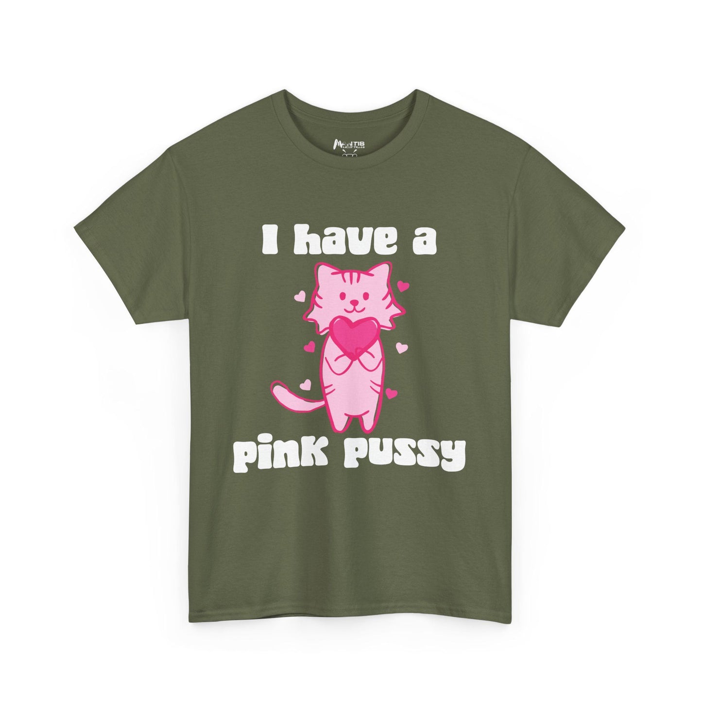 Military green tee with suggestive pink pussy text