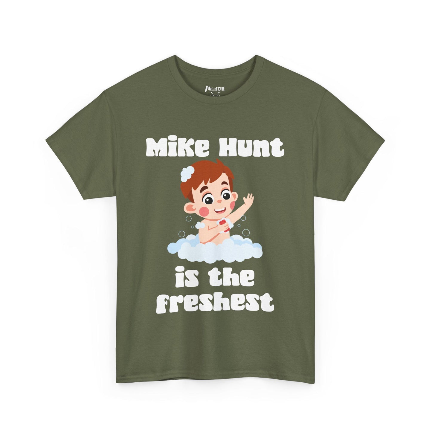 Military green tee scrubbing shame into a perfectly clean joke