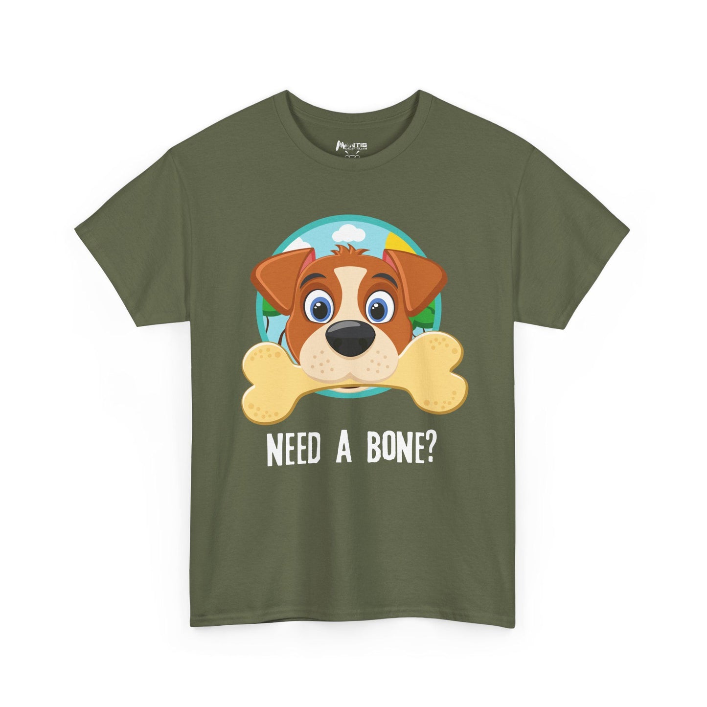 Military green tee with cheeky flirtation through dog humor