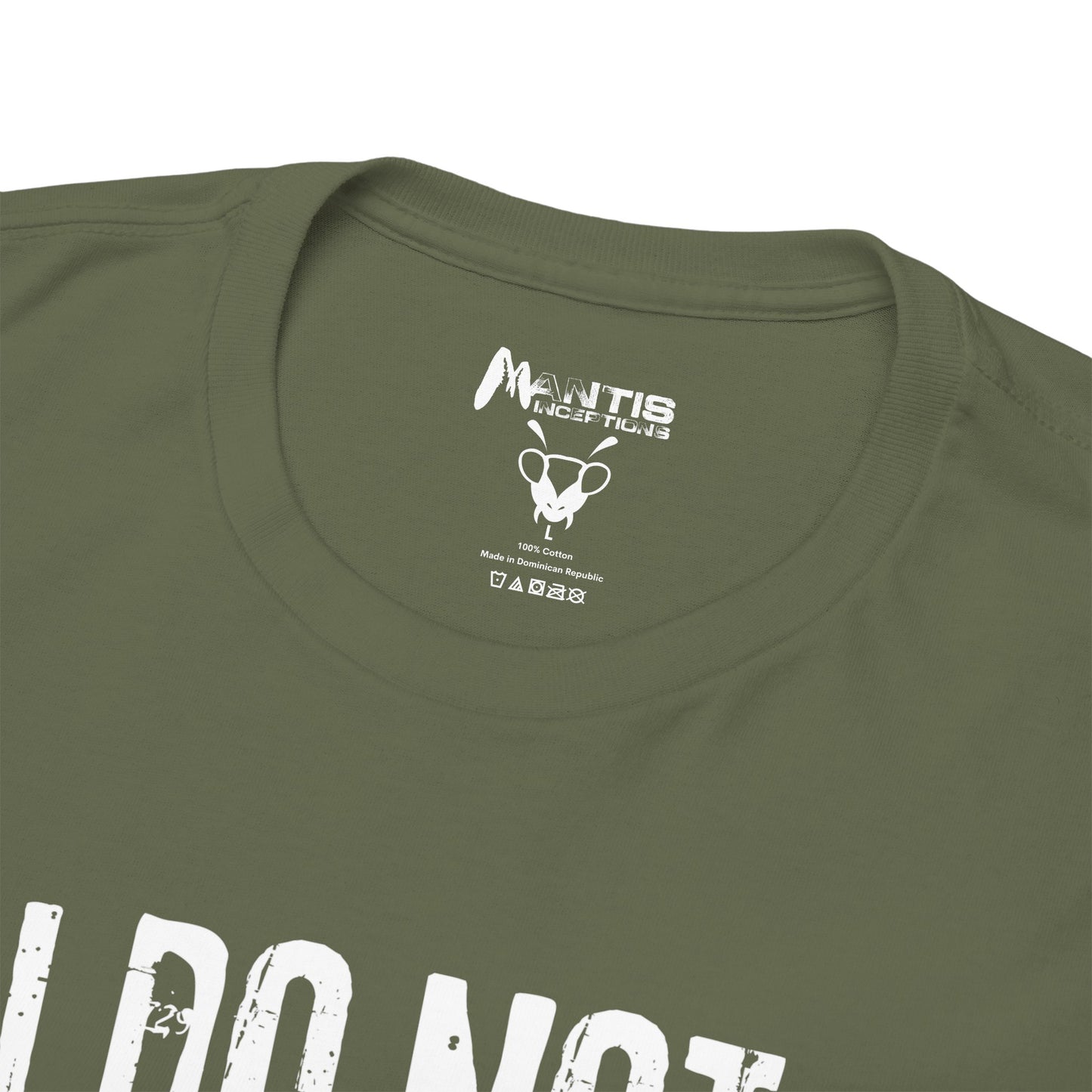 Military green t-shirt with creepy I Do Not Like This Flesh Prison text, goth humor shirt