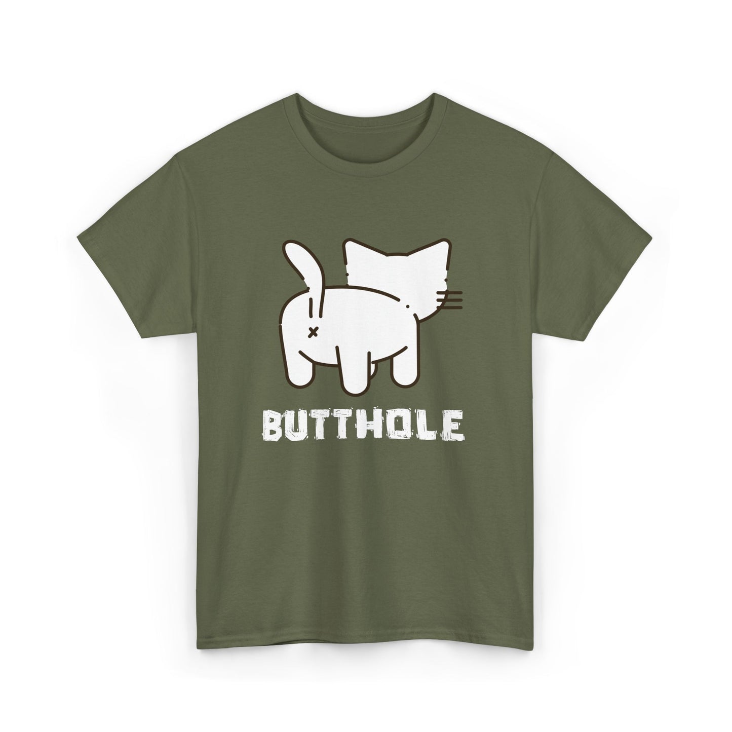 Military green t-shirt with edgy cartoon cat butthole graphic