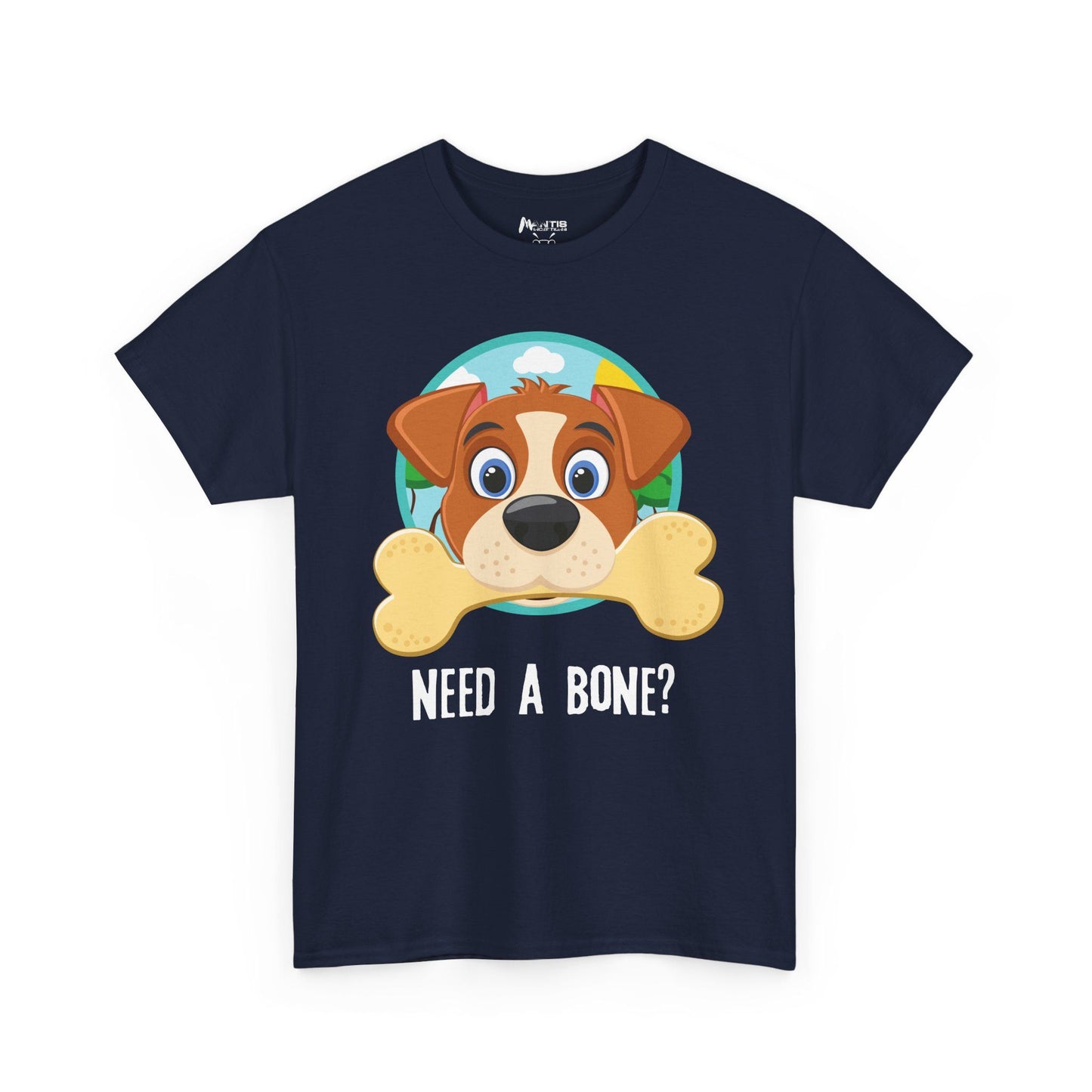 Navy shirt with playful pun about "getting the bone"