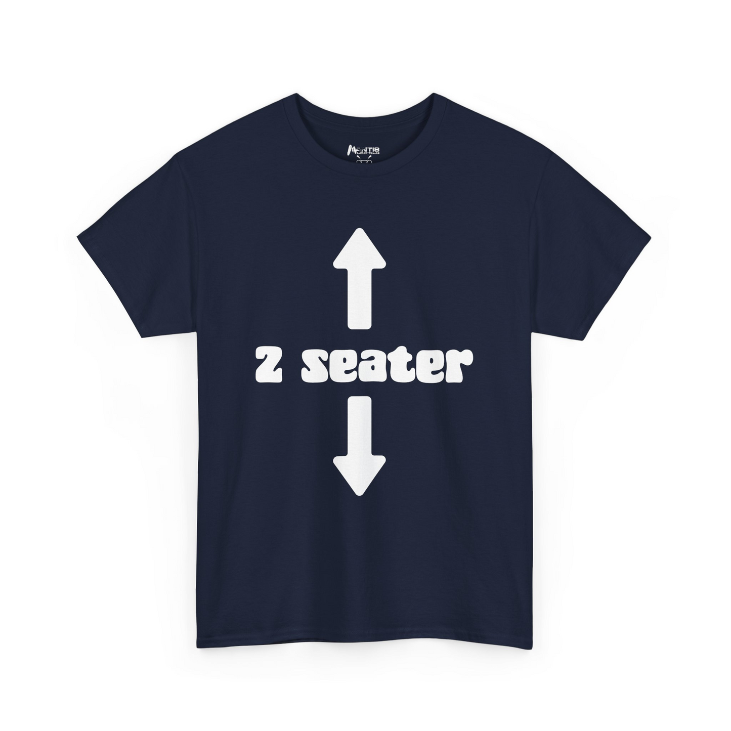 navy shirt with 2 seater label pointing to head and crotch not subtle at all