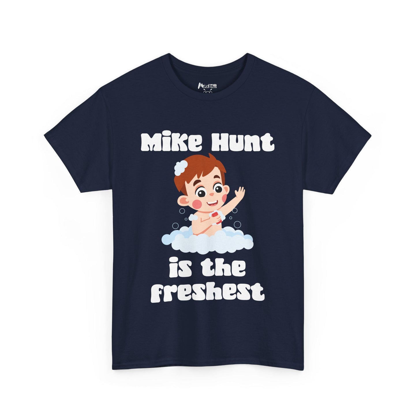Navy shirt where the joke is in how clean it pretends to be