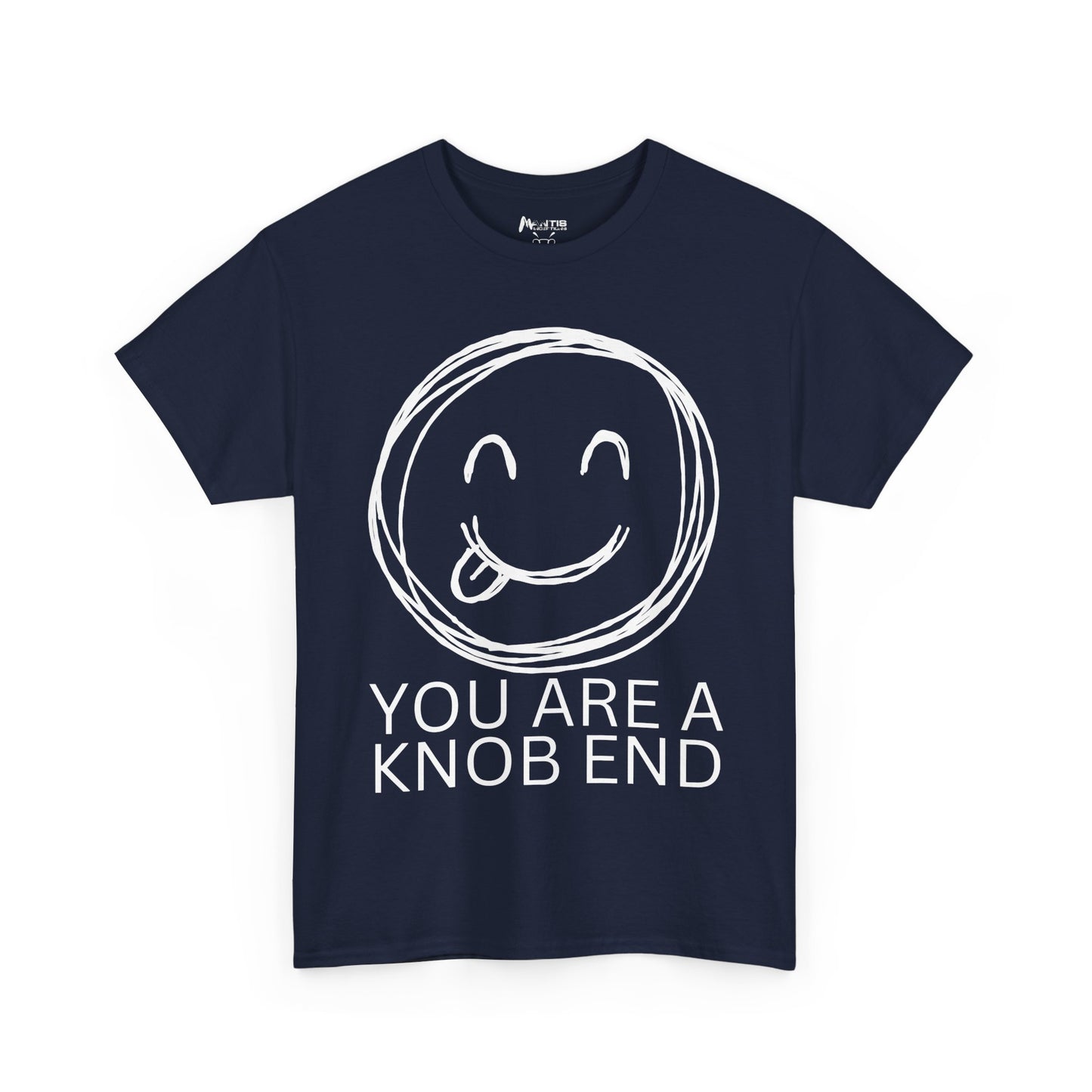 navy shirt featuring 'you are a knob end' insult with tongue-out smiley