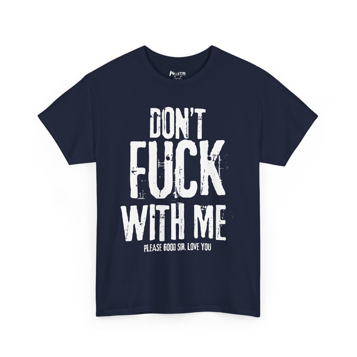 navy tee mocking macho energy with delicate panic underneath