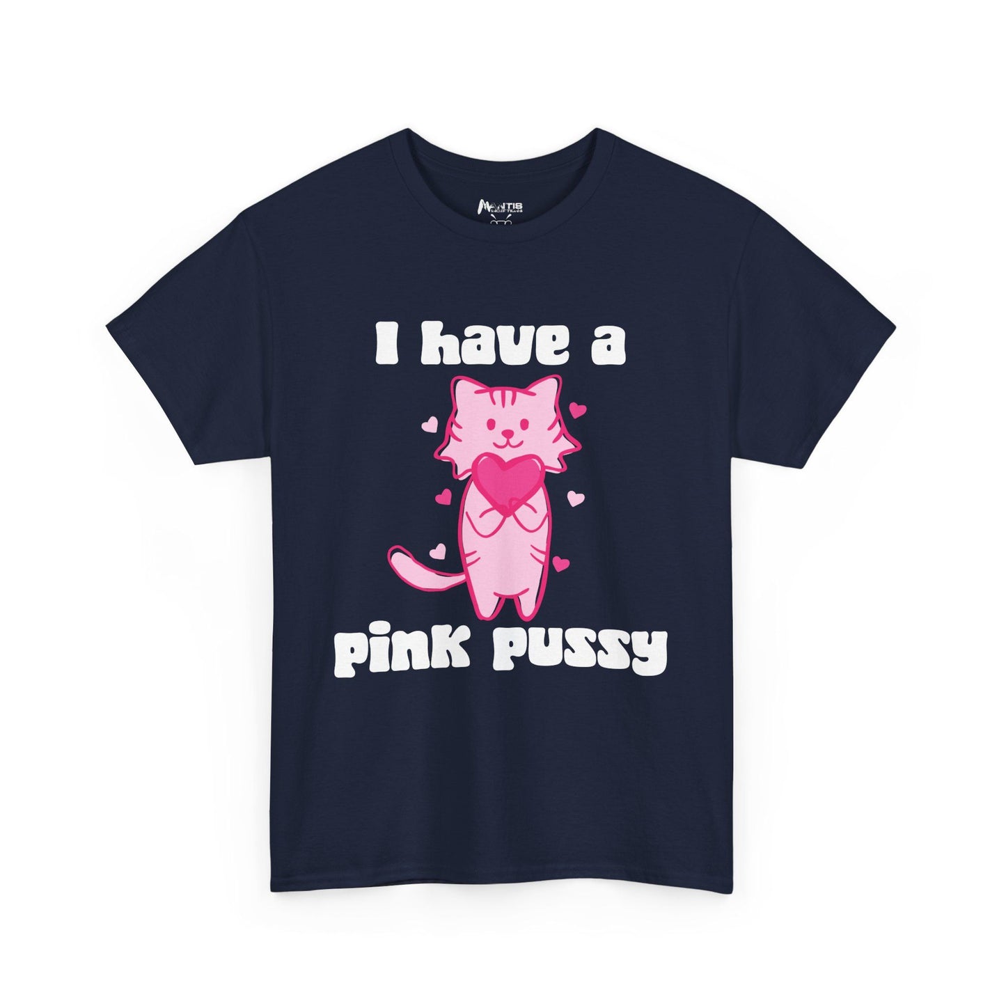 Navy shirt with cheeky pink cat design hiding a sexual punch