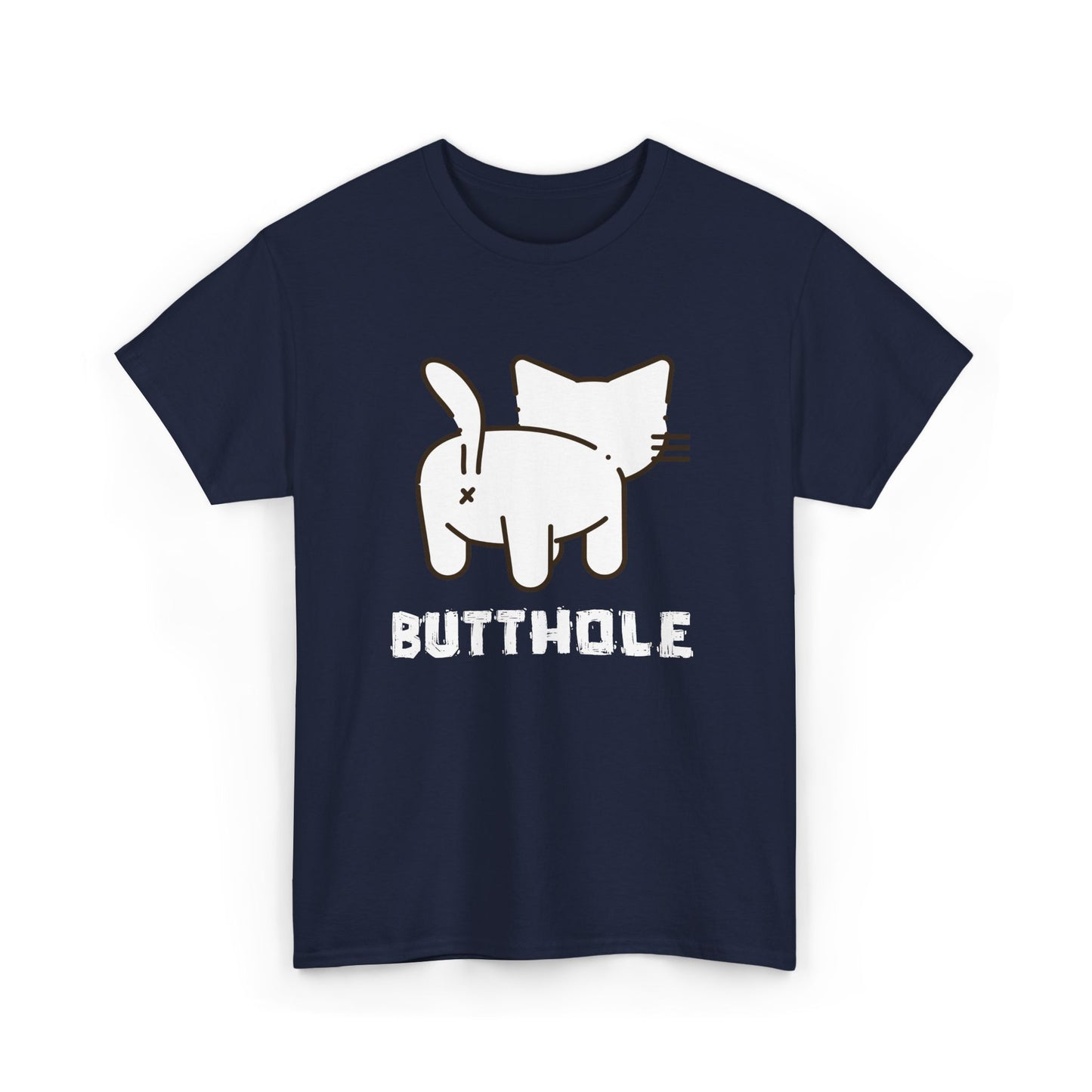 Navy t-shirt with inappropriate back of cat design, funny and rude